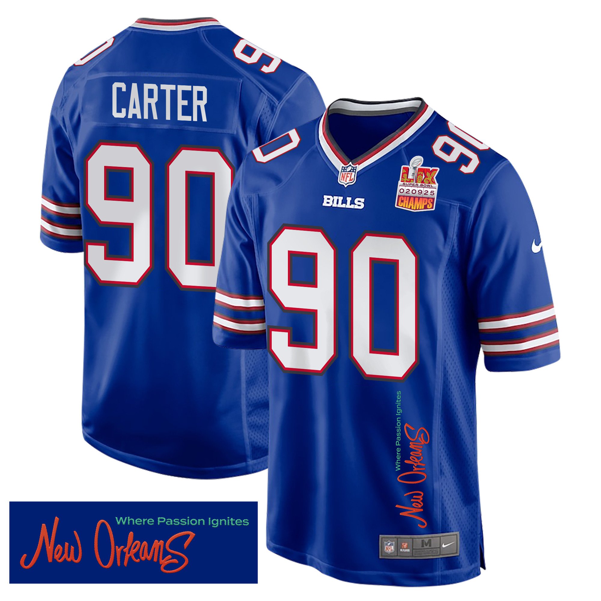 DeWayne Carter 90 Buffalo Bills Super Bowl LIX Champions Patch 'New Orleans - Where Passion Ignites' EMBROIDERED Game Men Jersey - Royal - JS855