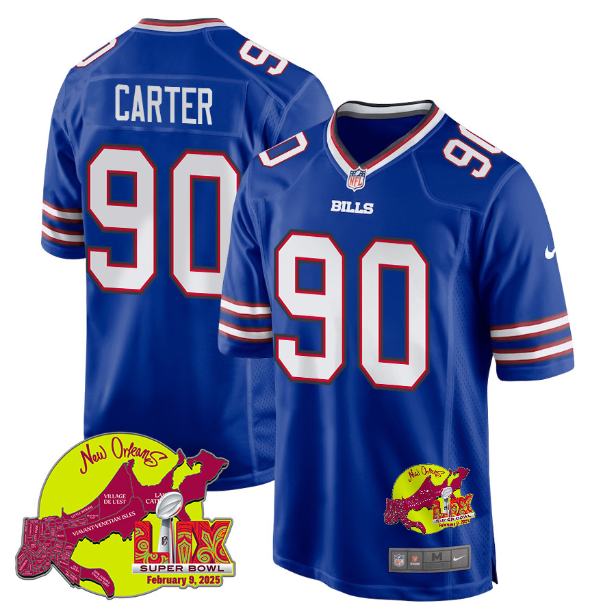 DeWayne Carter 90 Buffalo Bills Super Bowl LIX New Orleans Patch Game Men Jersey - Royal - JS241