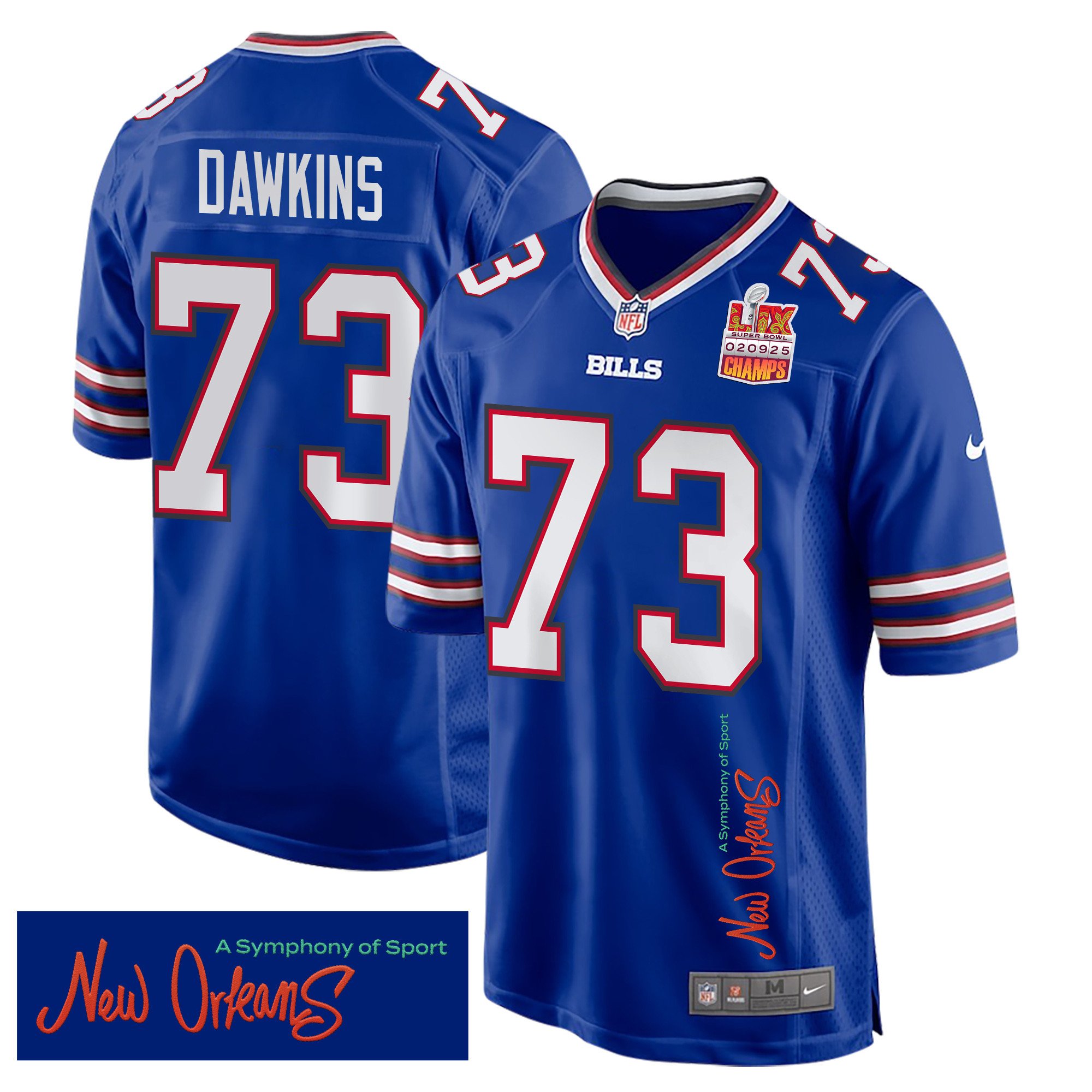 Dion Dawkins 73 Buffalo Bills Super Bowl LIX Champions Patch 'New Orleans - A Symphony of Sport' EMBROIDERED Game Men Jersey - Royal - JS517