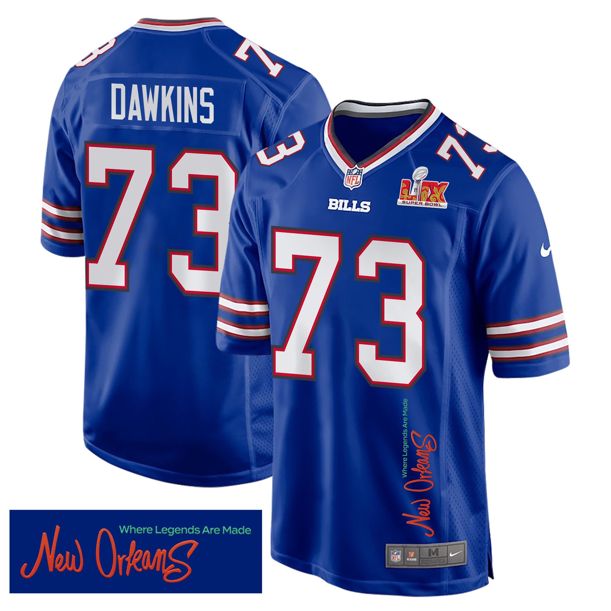 Dion Dawkins 73 Buffalo Bills Super Bowl LIX 'New Orleans - Where Legends Are Made' EMBROIDERED Game Men Jersey - Royal - JS117