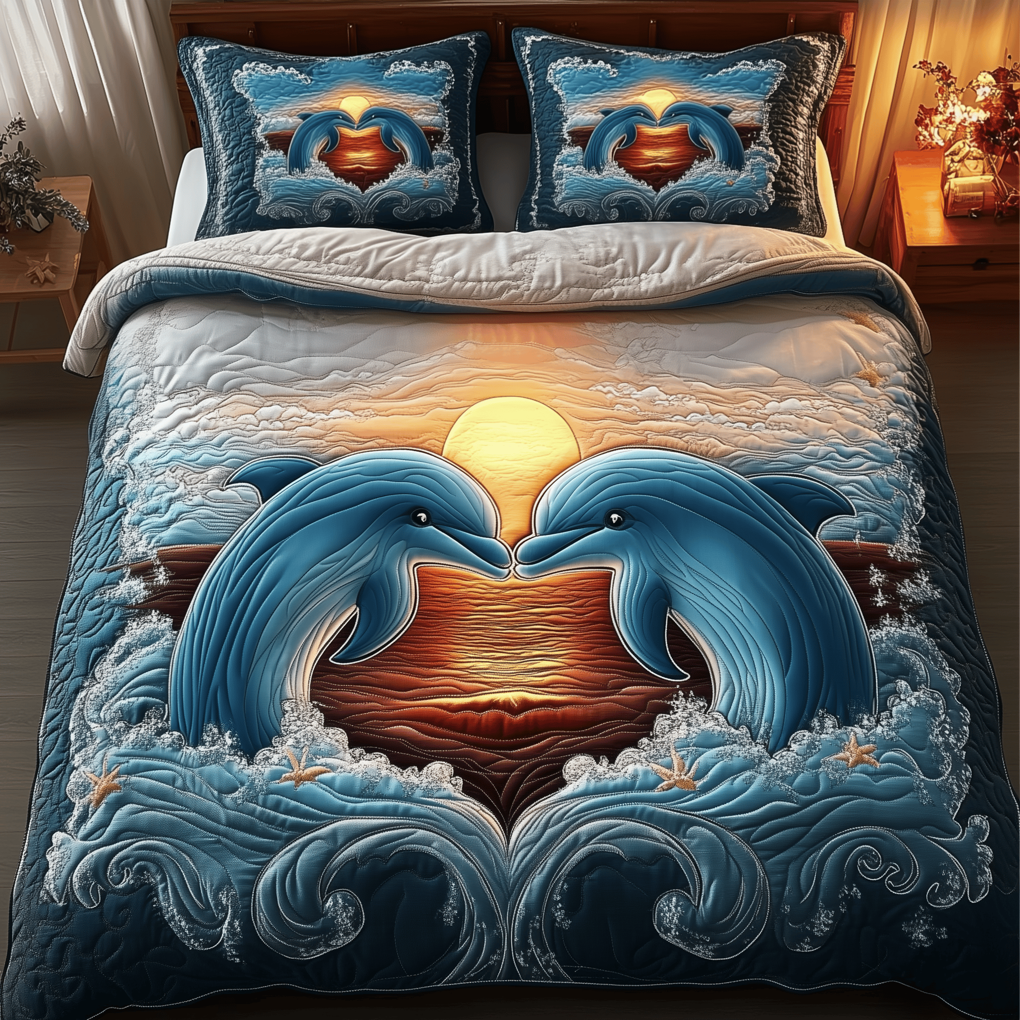 Dolphin Couple Quilted Bedding Set Best Mothers Day Duvet Cover Set Dolphin Gift Ideas For Her