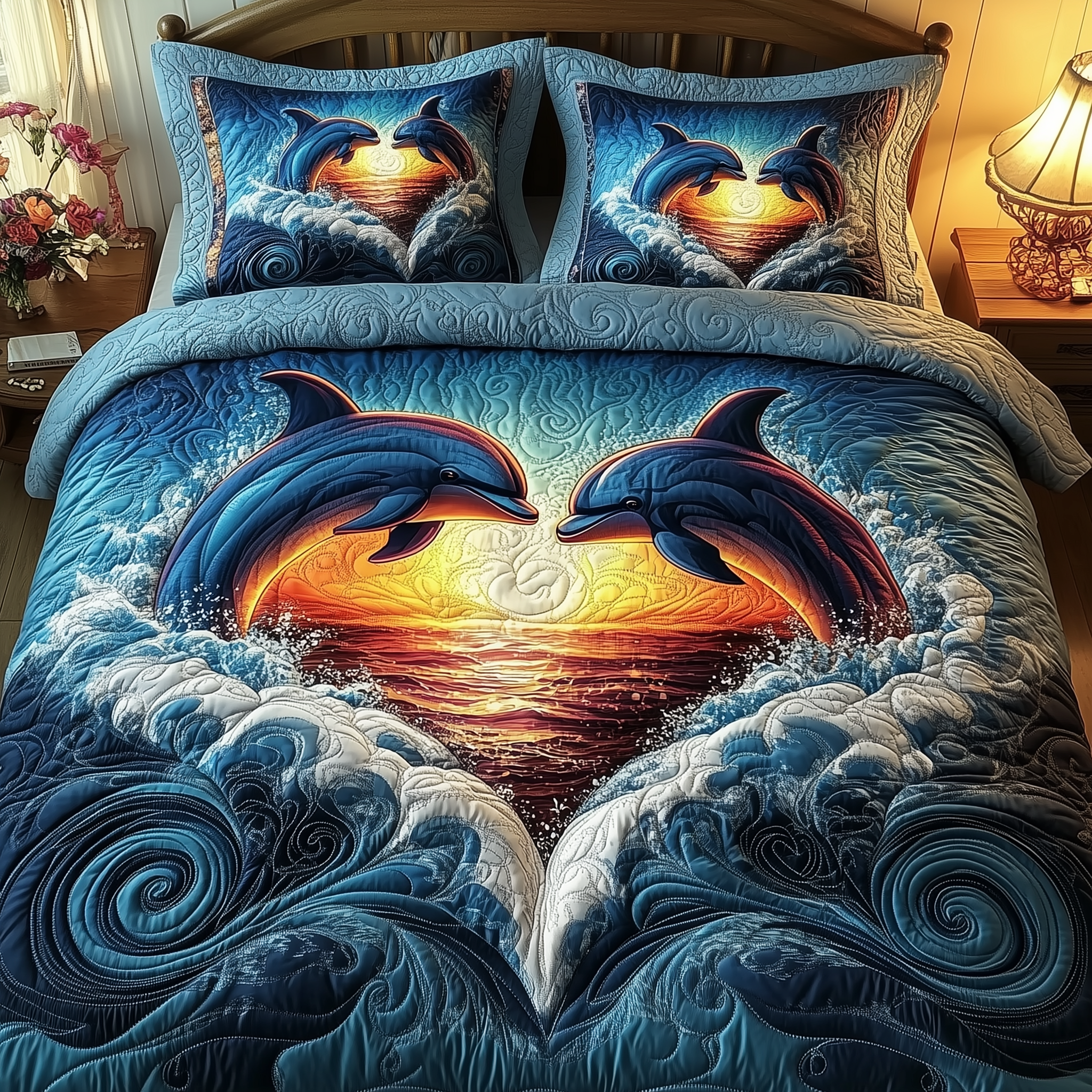 Dolphin Couple Quilted Bedding Set Best Mothers Day Duvet Cover Set Dolphin Gifts For Mom