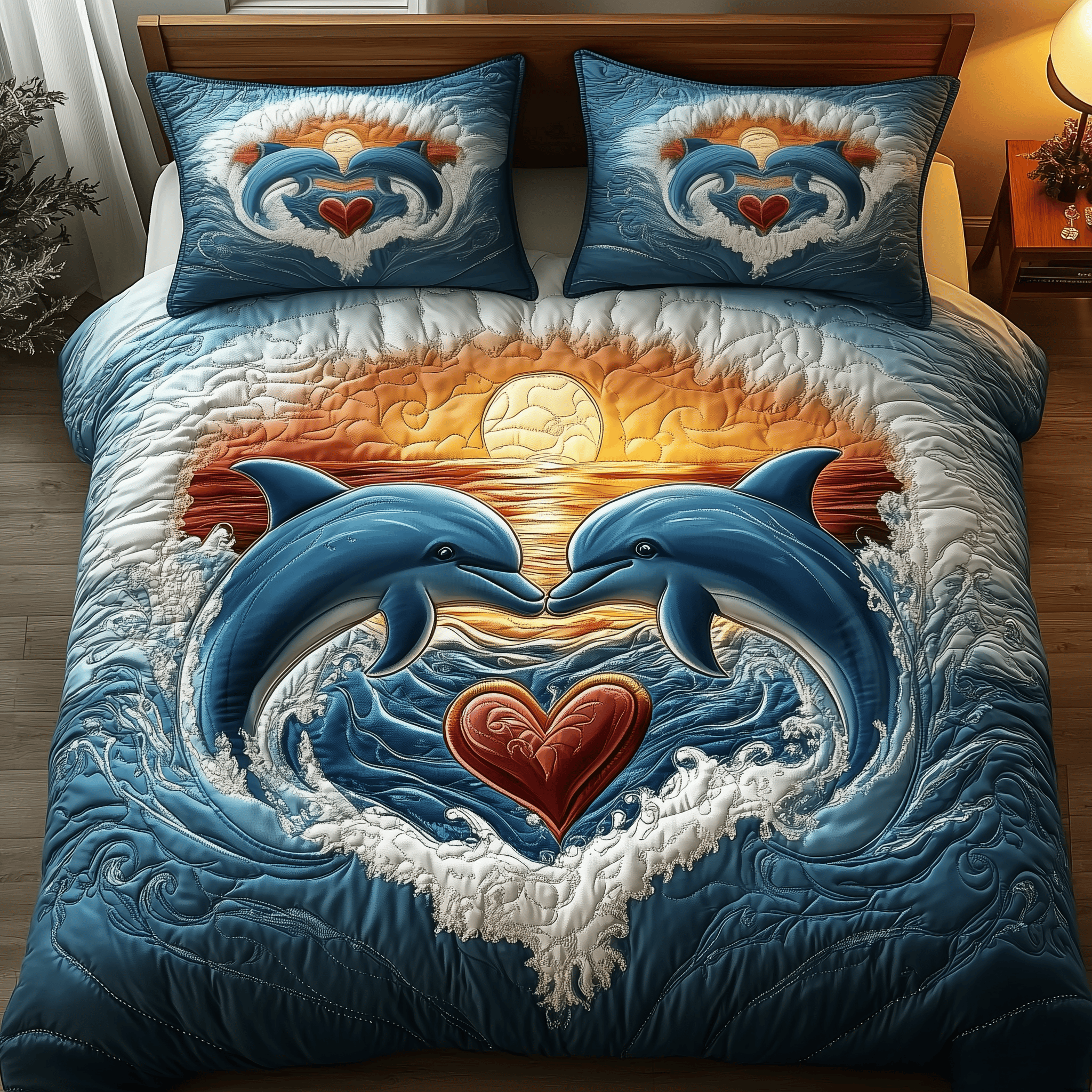 Dolphin Couple Quilted Bedding Set Best Mothers Day Duvet Cover Set Gifts For Dolphin Lovers
