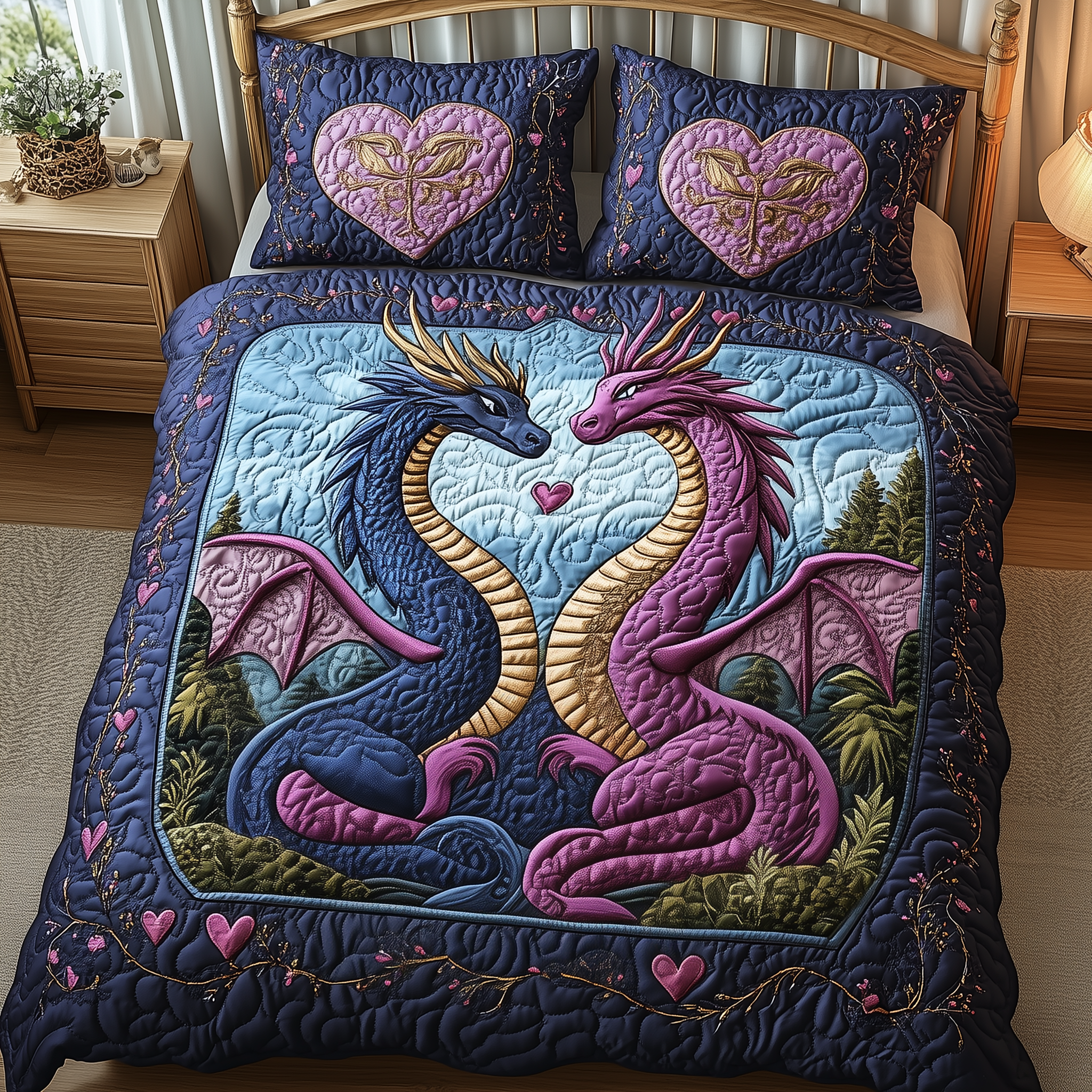 Dragon Love Affair Quilted Bedding Set Valentine'S Day Duvet Cover Set Dragon Gifts For Him