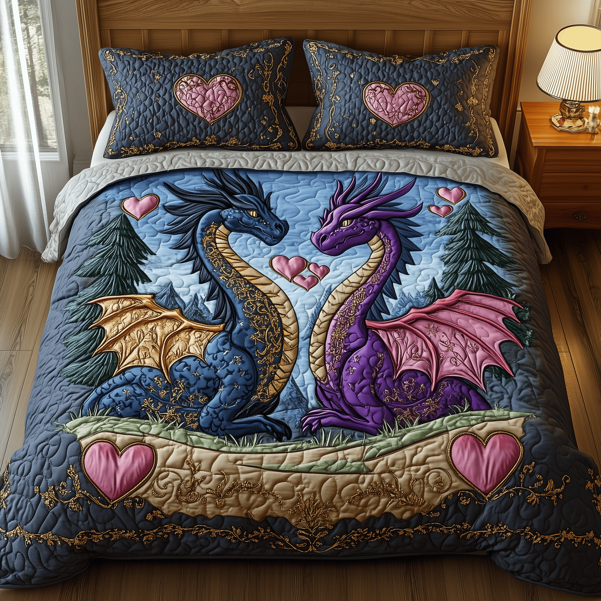 Dragon Love Affair Quilted Bedding Set Valentine'S Day Duvet Cover Set Dragonfly Gift Items