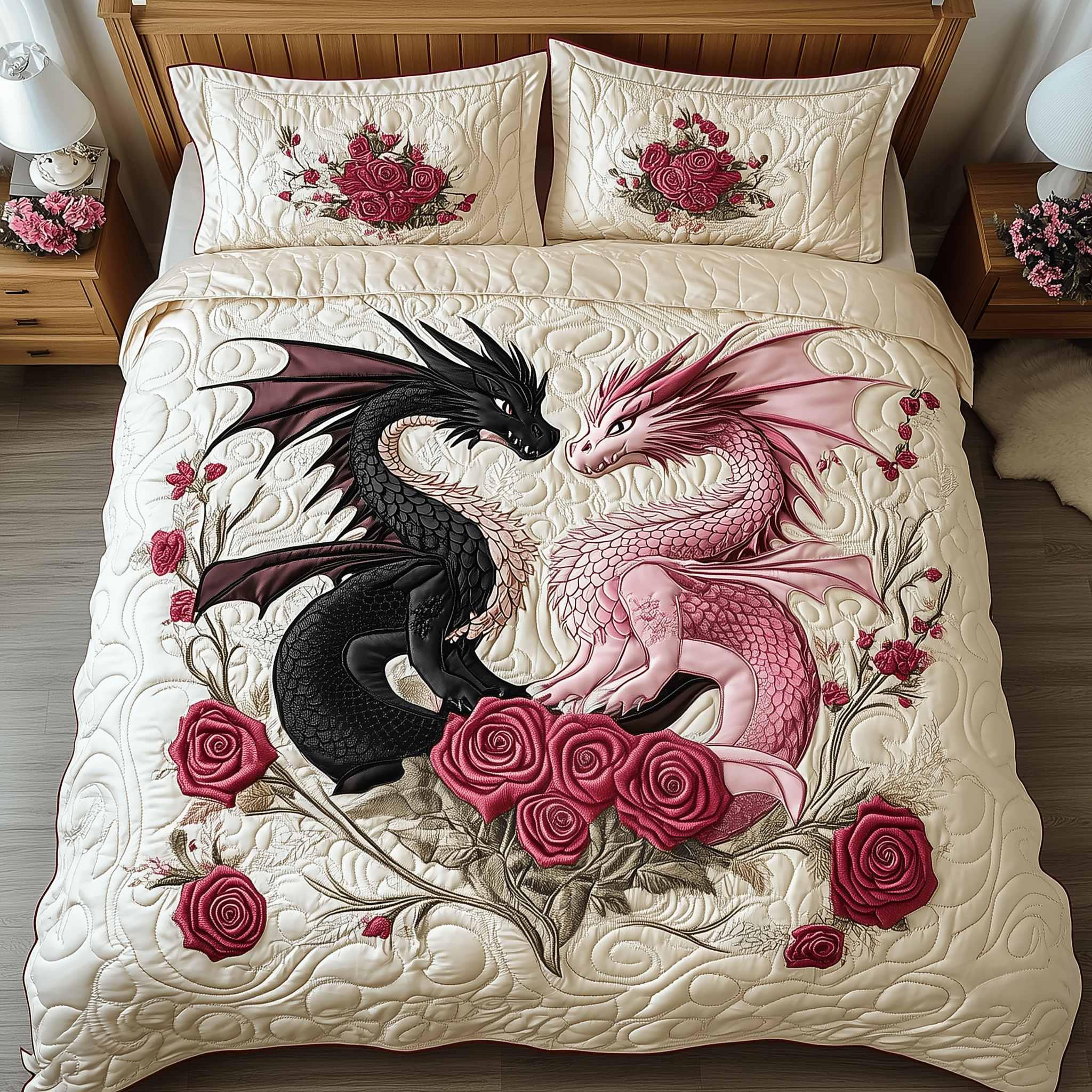 Dragon Love Affair Quilted Bedding Set Valentine'S Day Duvet Cover Set Dragonfly Gifts For Her