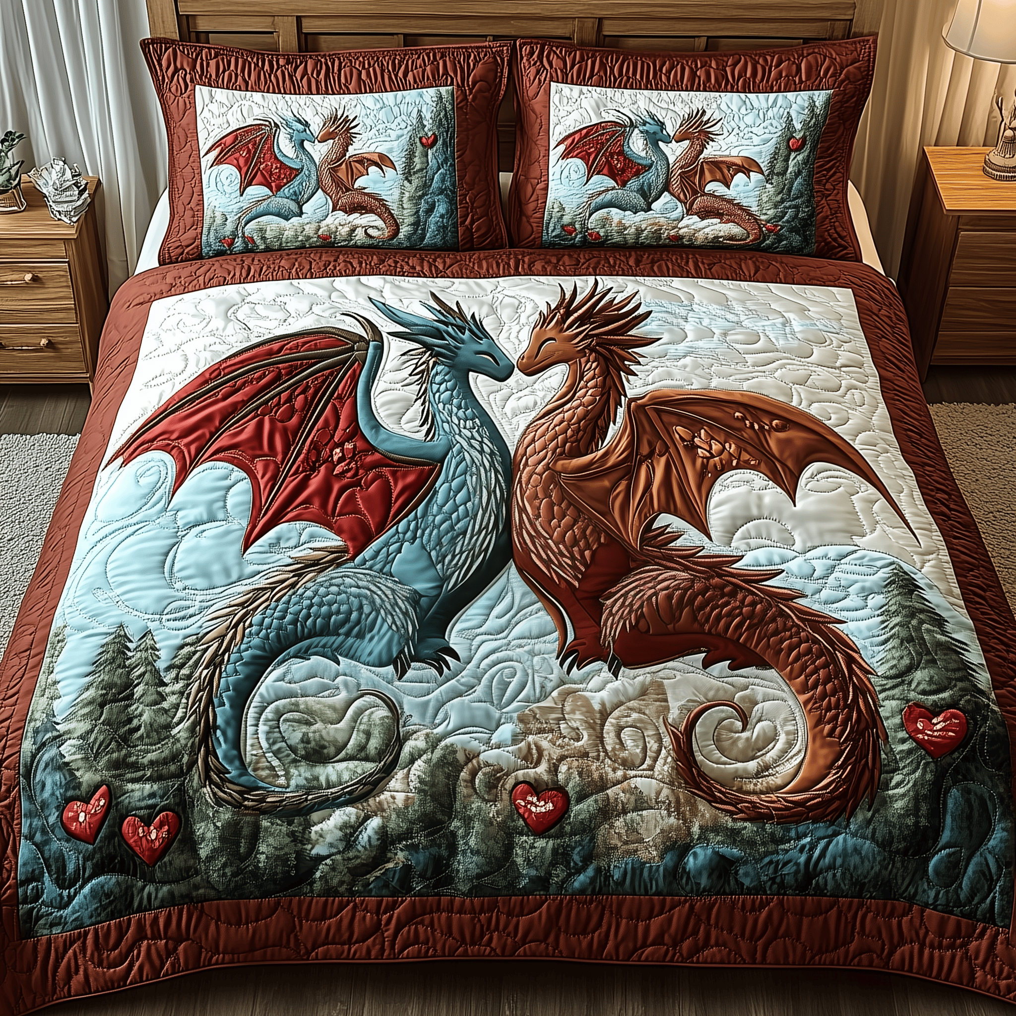 Dragon Love Affair Quilted Bedding Set Valentine'S Day Duvet Cover Set Dragonfly Gifts For Mom