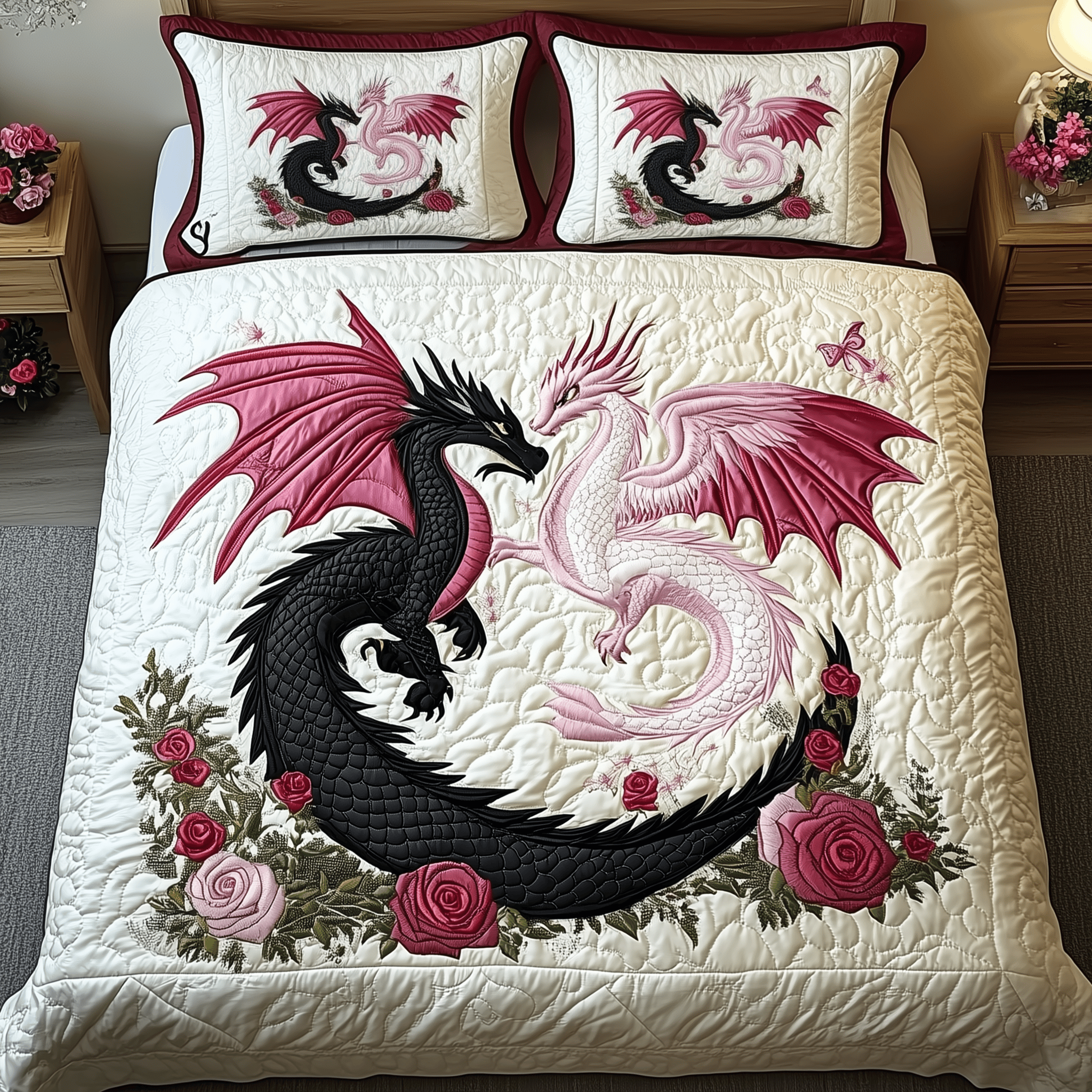 Dragon Love Affair Quilted Bedding Set Valentine'S Day Duvet Cover Set Gift For Dragon Lover