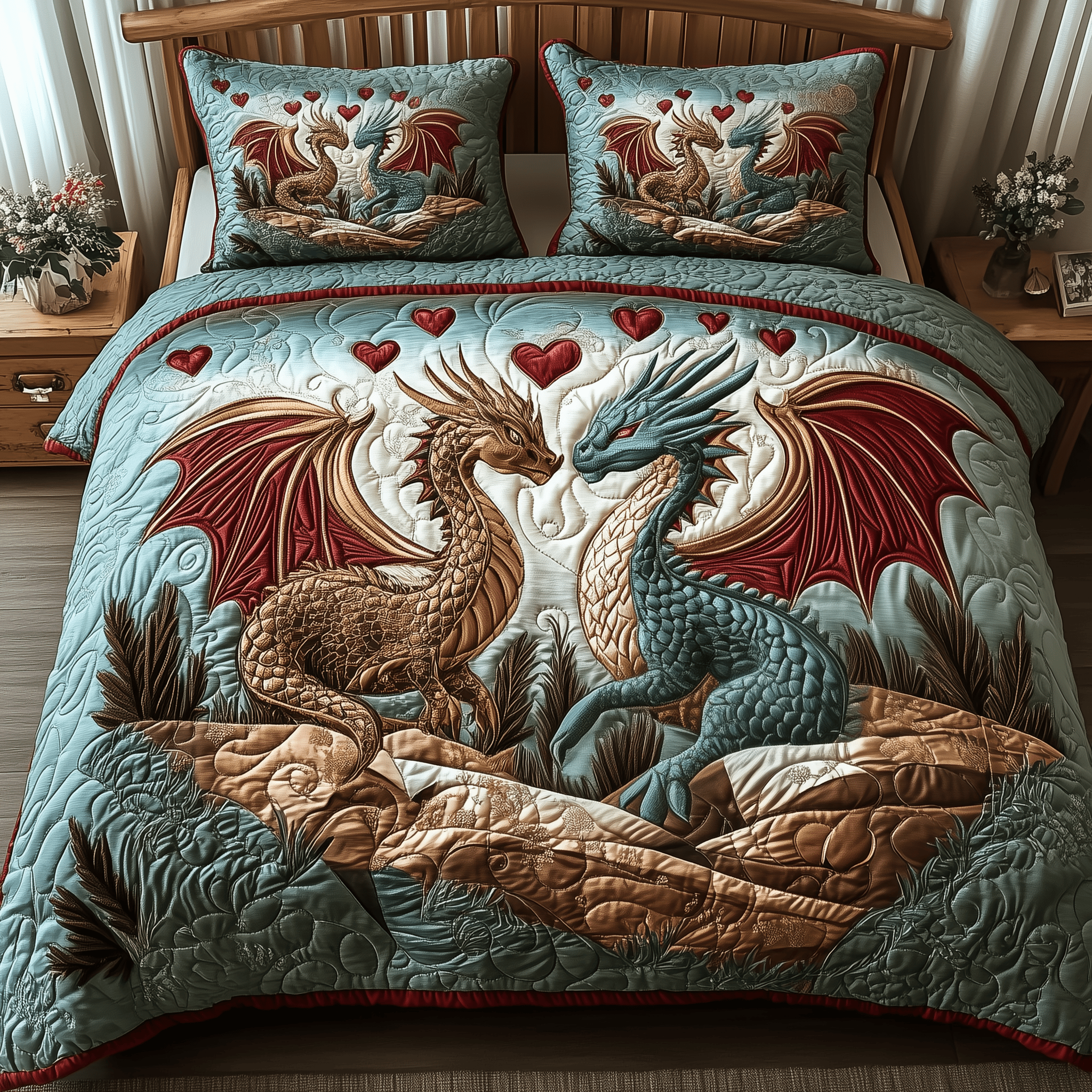 Dragon Love Affair Quilted Bedding Set Valentine'S Day Duvet Cover Set Gift For Someone Who Loves Dragonflies