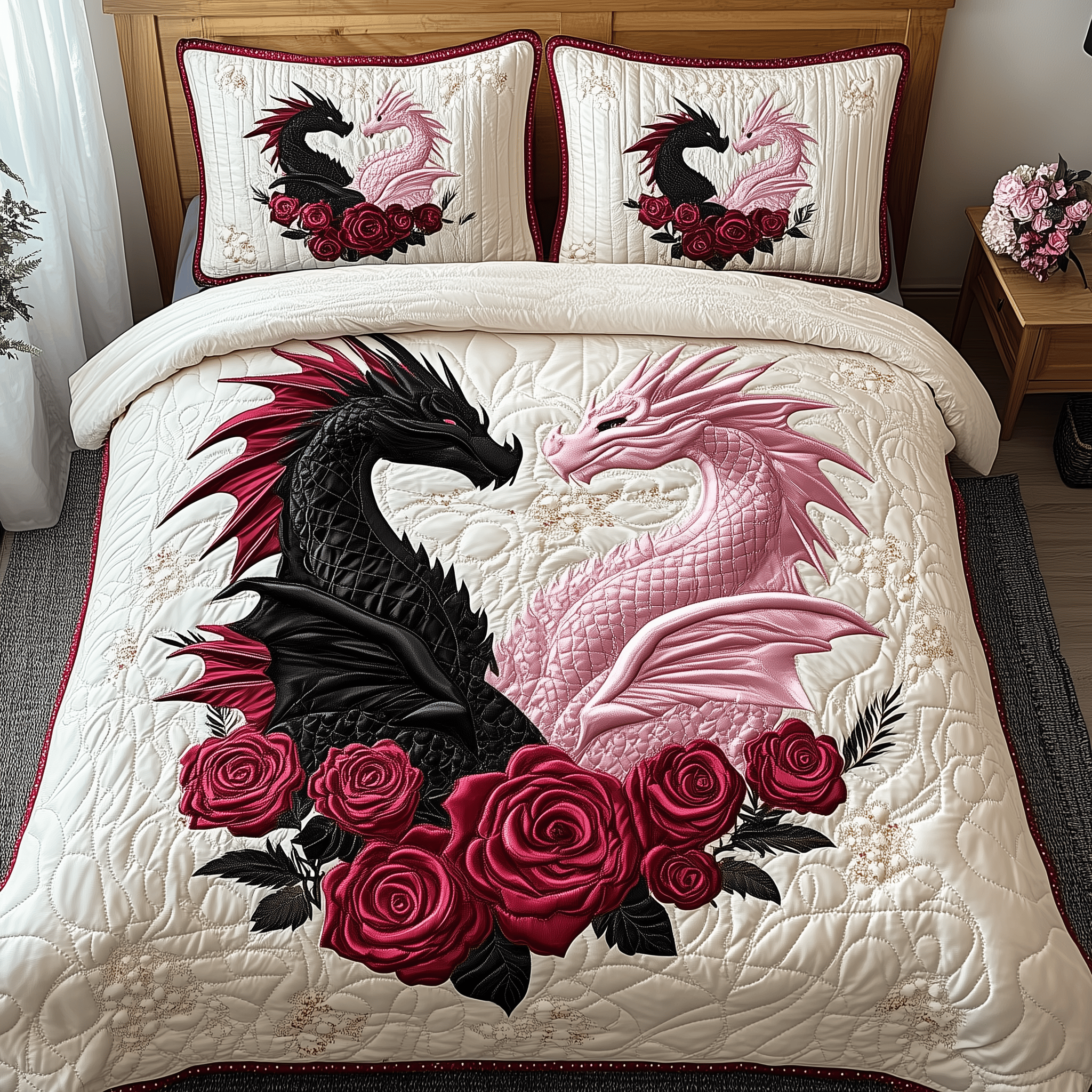 Dragon Love Affair Quilted Bedding Set Valentine'S Day Duvet Cover Set Presents For Dragon Lovers
