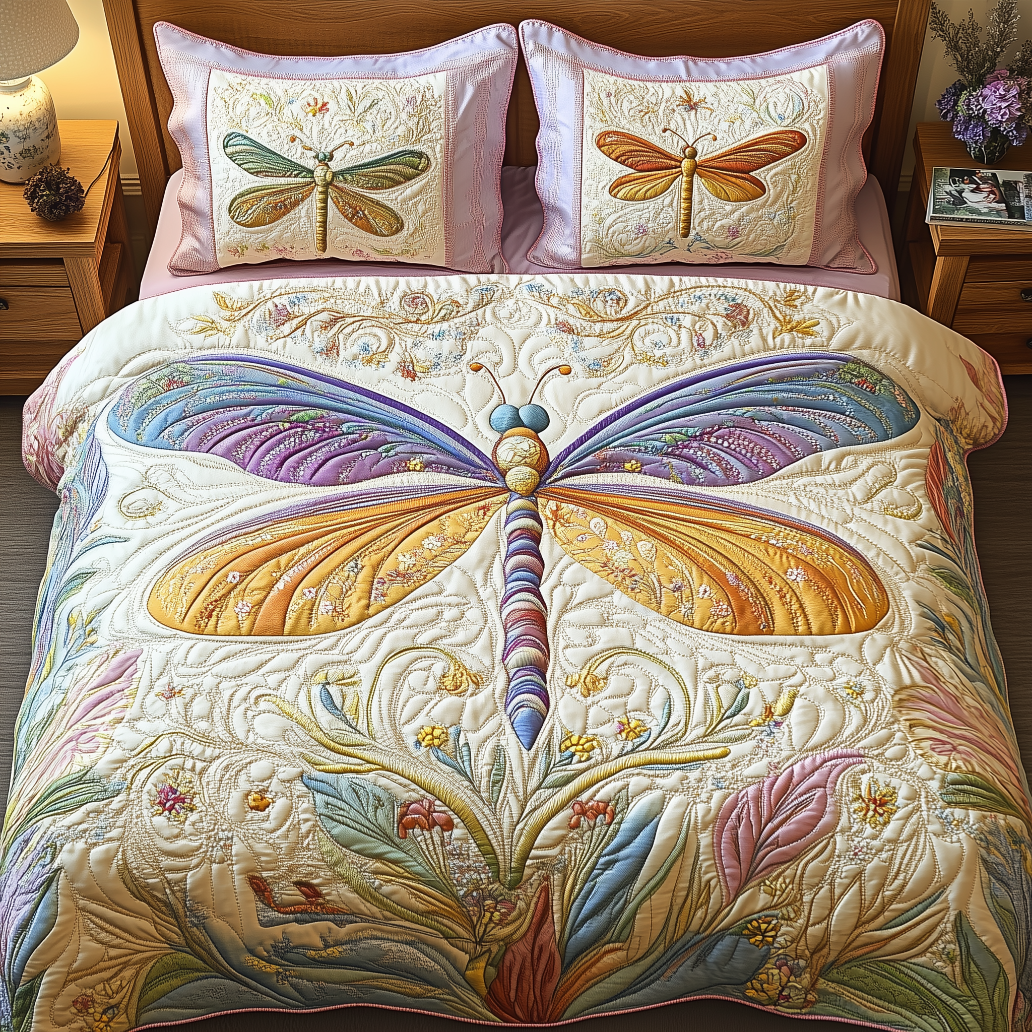 Dragonfly Dances Quilted Bedding Set Great Mother's Day Duvet Cover Set Unique Dragonfly Gifts