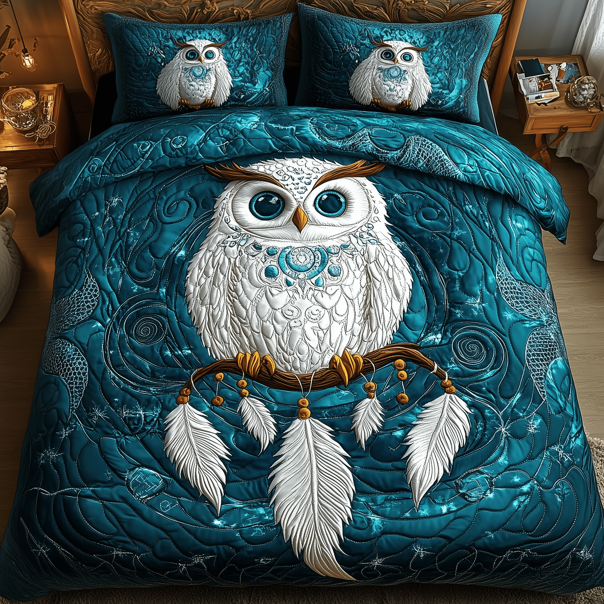 Dreaming Owl Quilted Bedding Set Duvet Cover Bedspread Set Themed Owl Themed Gifts