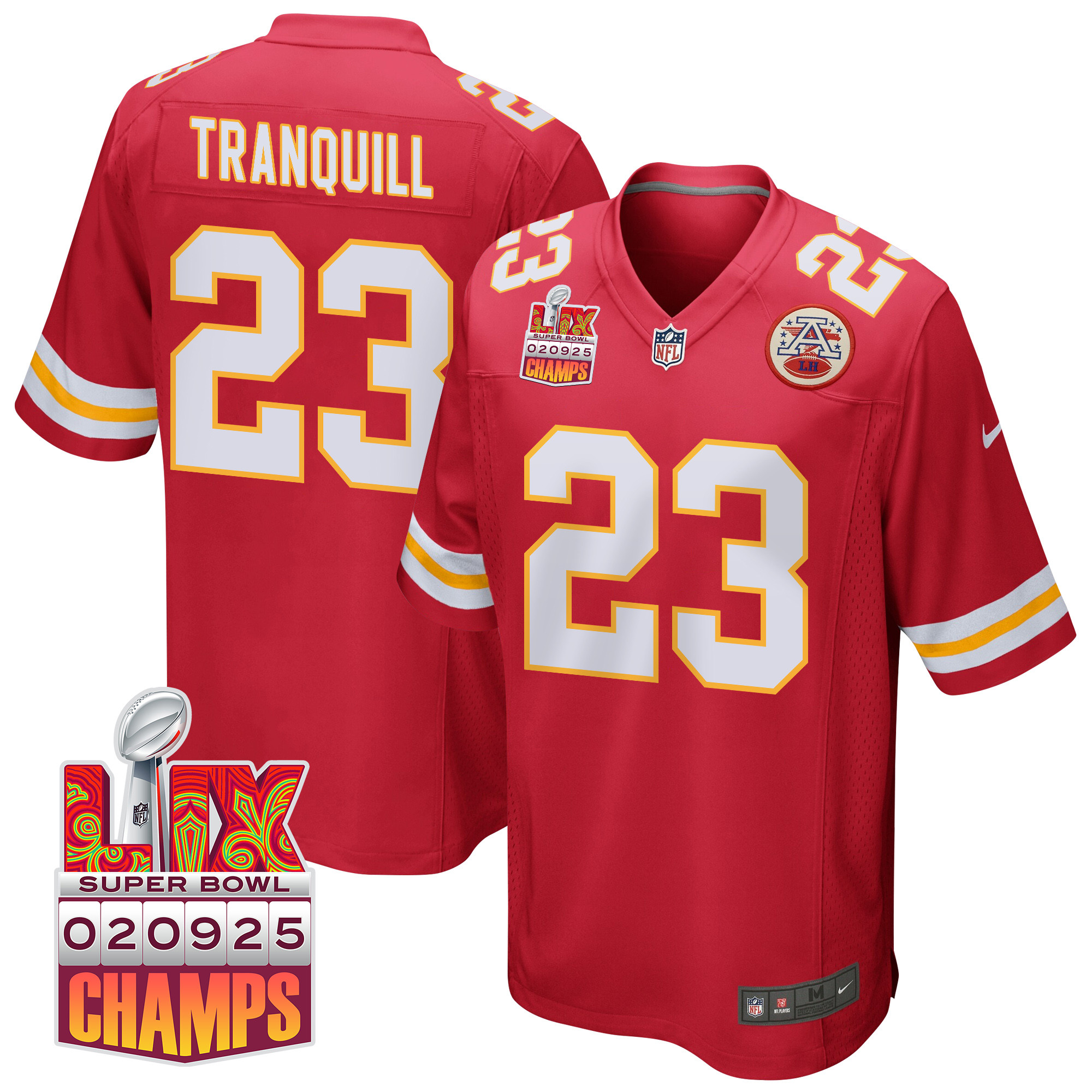 Drue Tranquill 23 Kansas City Chiefs Super Bowl LIX Champions Patch Game Men Jersey - Red - JS304