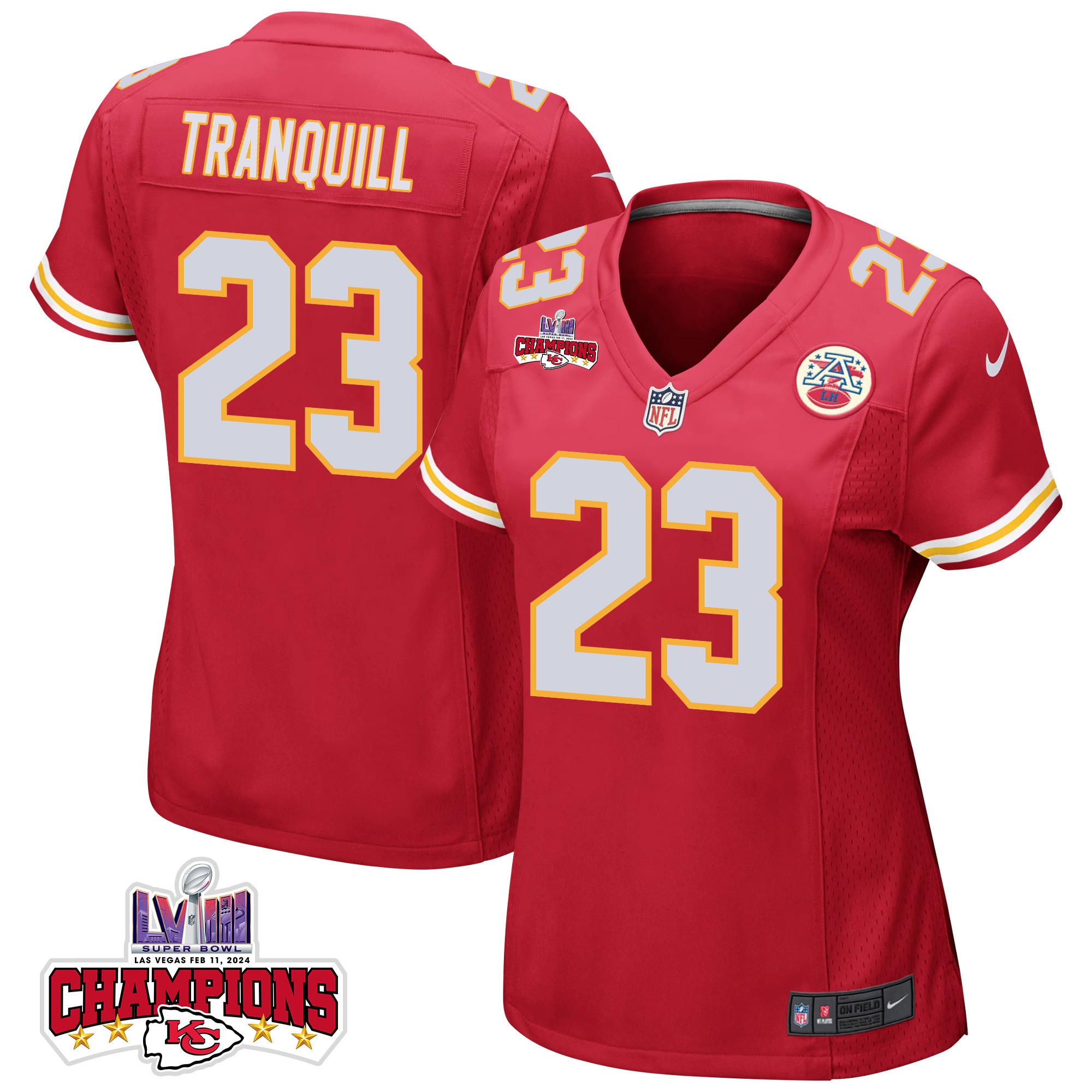 Drue Tranquill 23 Kansas City Chiefs Super Bowl LVIII Champions 4 Stars Patch Game Women Jersey - Red - JSDV417