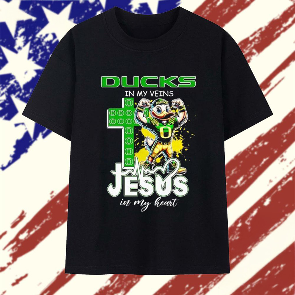 Ducks In My Veins Jesus In My Heart Mascot T-Shirt Oregon Ducks Merch Gift For Football Fans