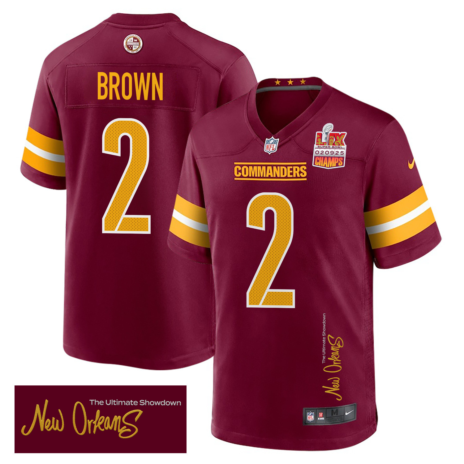 Dyami Brown 2 Washington Commanders Super Bowl LIX Champions Patch 'New Orleans - The Ultimate Showdown' EMBROIDERED Game Men Jersey - Burgundy - JS365