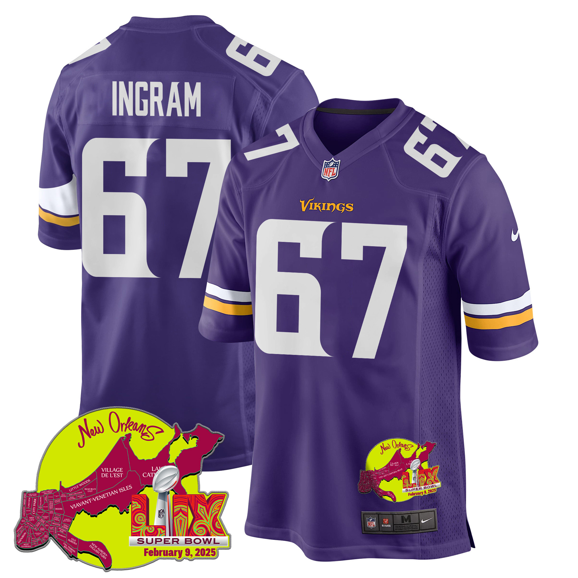 Ed Ingram 67 Minnesota Vikings Super Bowl LIX New Orleans Patch Game Men Jersey - Purple - JS247