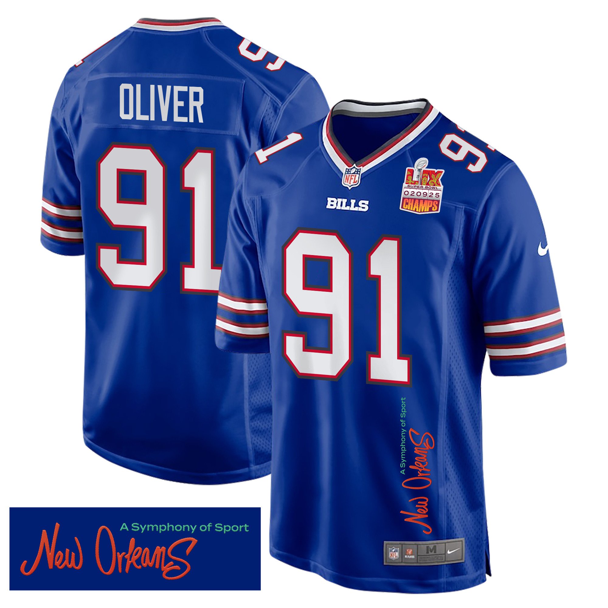 Ed Oliver 91 Buffalo Bills Super Bowl LIX Champions Patch 'New Orleans - A Symphony of Sport' EMBROIDERED Game Men Jersey - Royal - JS603