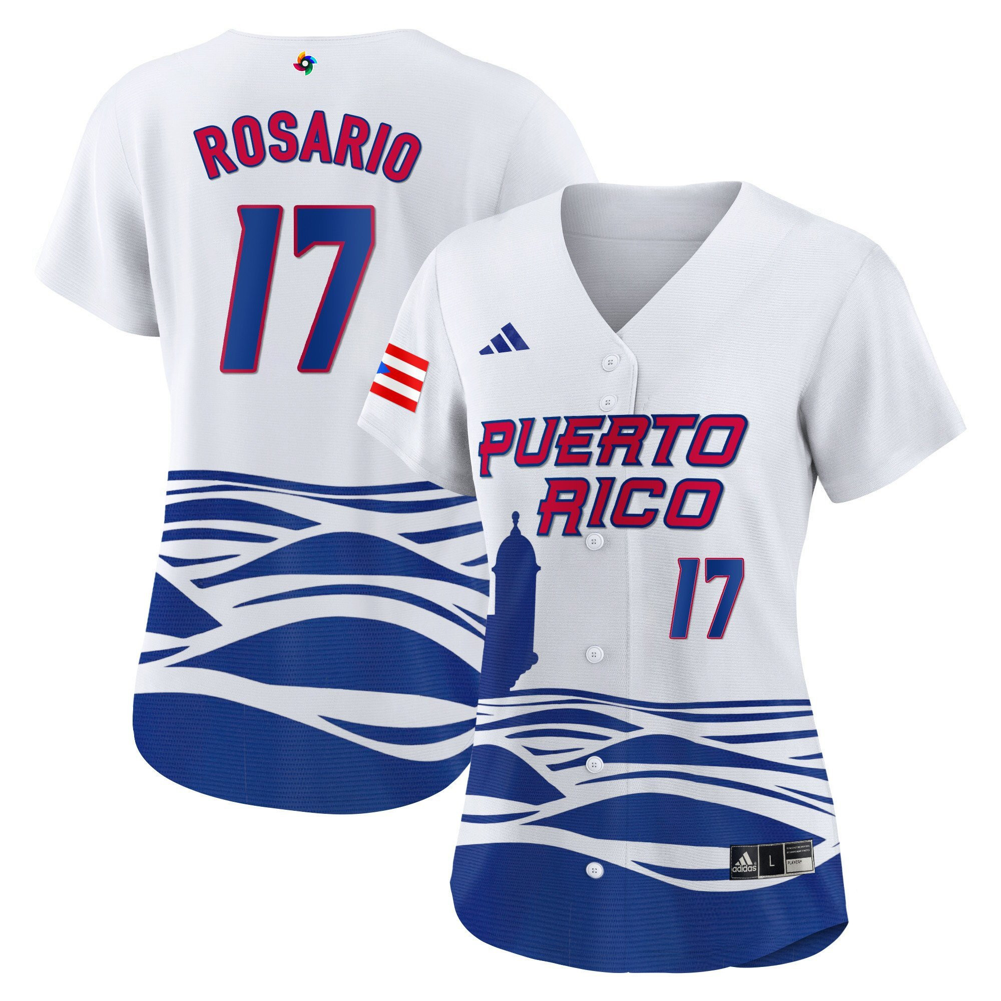 Eddie Rosario 17 Puerto Rico 2023 World Baseball Classic Baseball Women Jersey - White - JS905