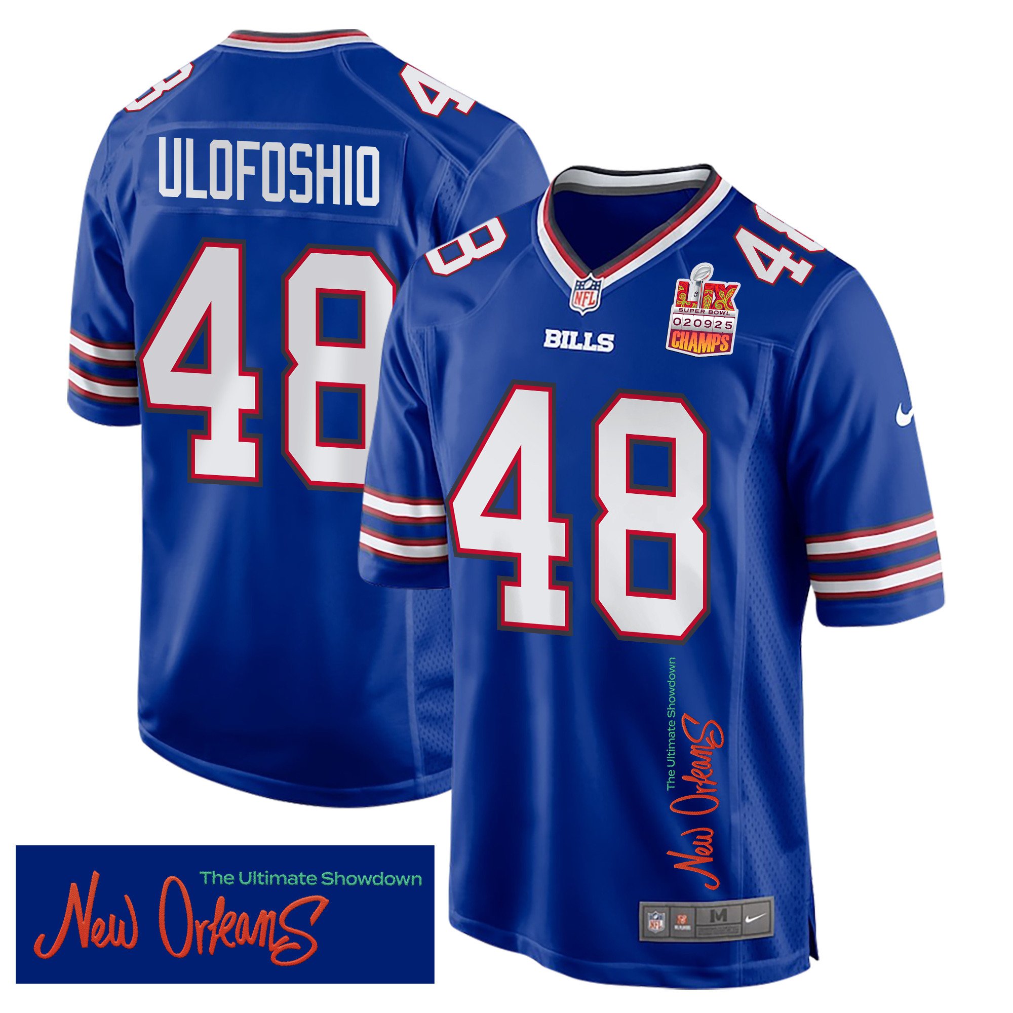 Edefuan Ulofoshio 48 Buffalo Bills Super Bowl LIX Champions Patch 'New Orleans - The Ultimate Showdown' EMBROIDERED Game Men Jersey - Royal - JS784