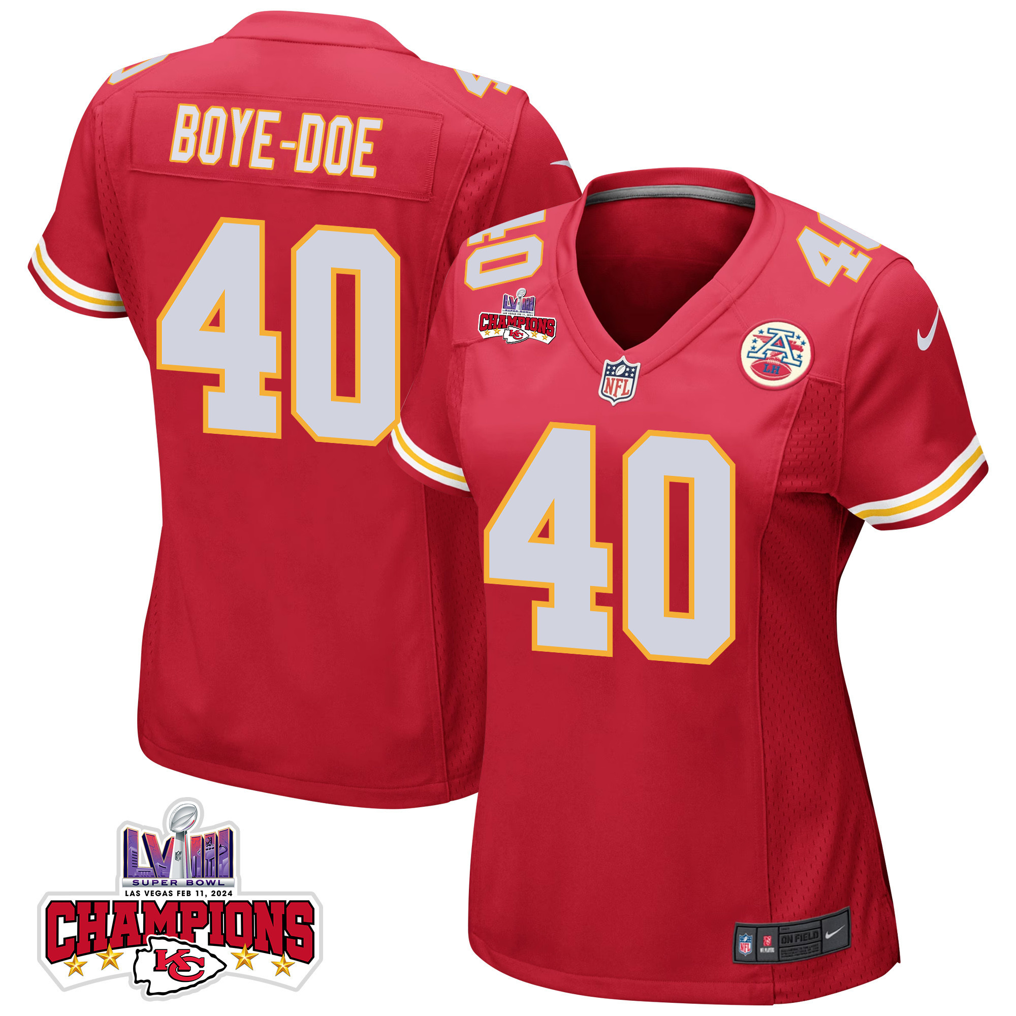 Ekow Boye-Doe 40 Kansas City Chiefs Super Bowl LVIII Champions 4 Stars Patch Game Women Jersey - Red - JSDV775