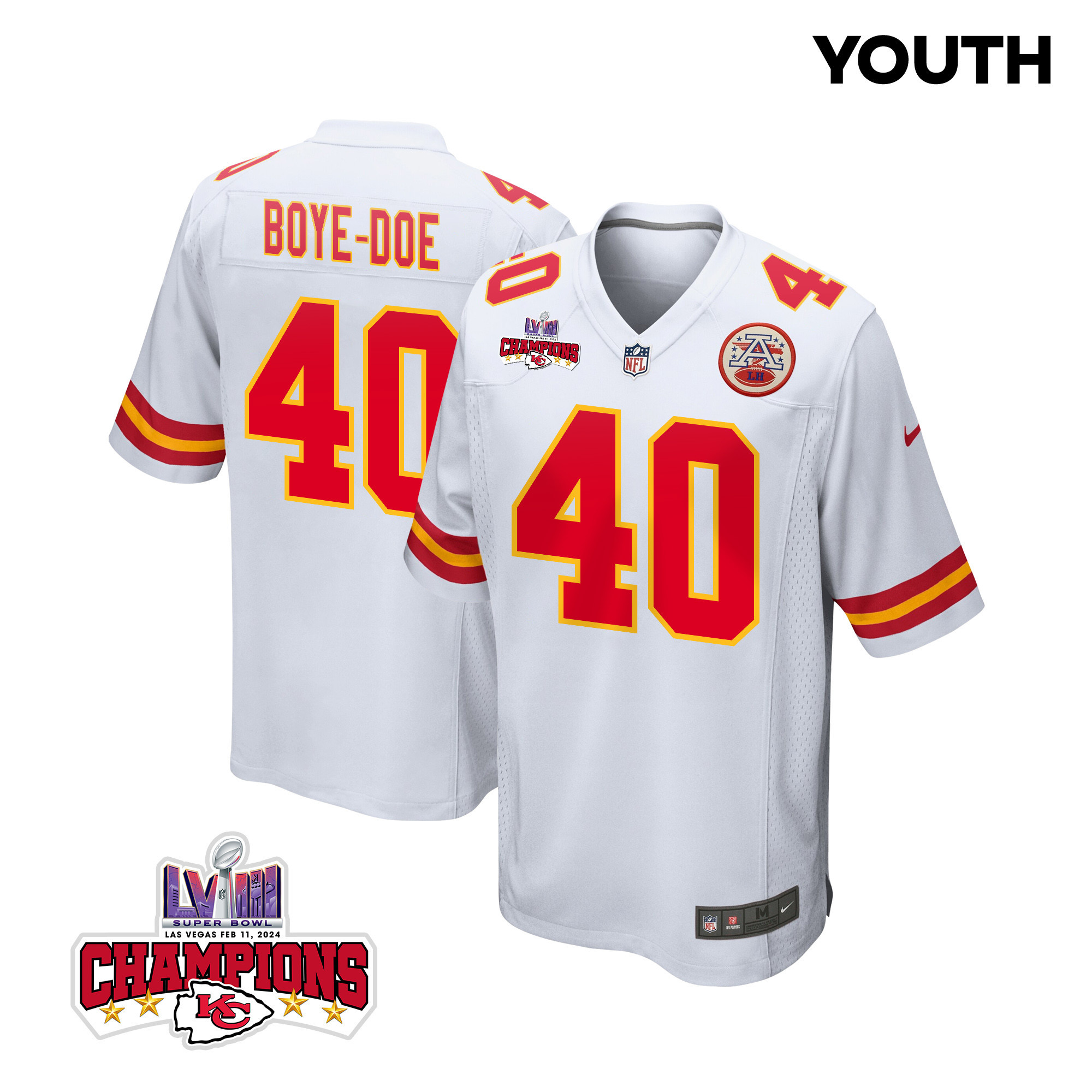 Ekow Boye-Doe 40 Kansas City Chiefs Super Bowl LVIII Champions 4 Stars Patch Game YOUTH Jersey - White - JSDV787