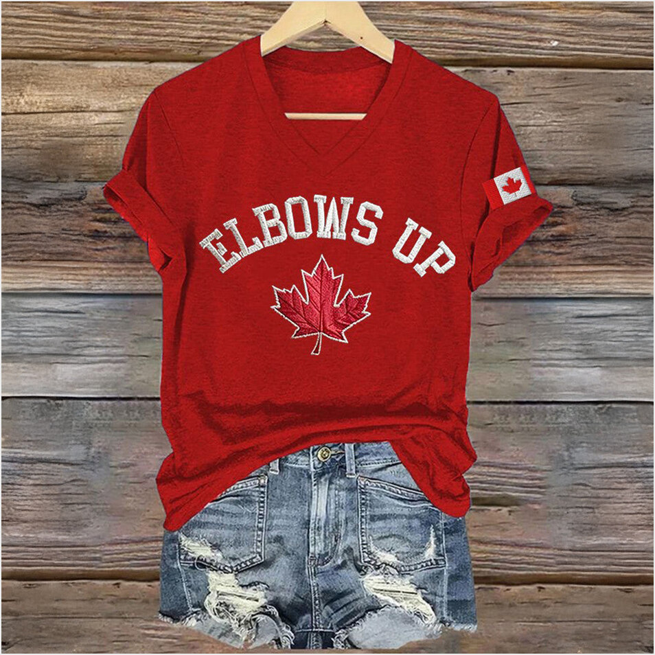 Elbows Up Canada V-Neck T-Shirt For Women's Anti Trump Political Apparel Gifts For Canadian