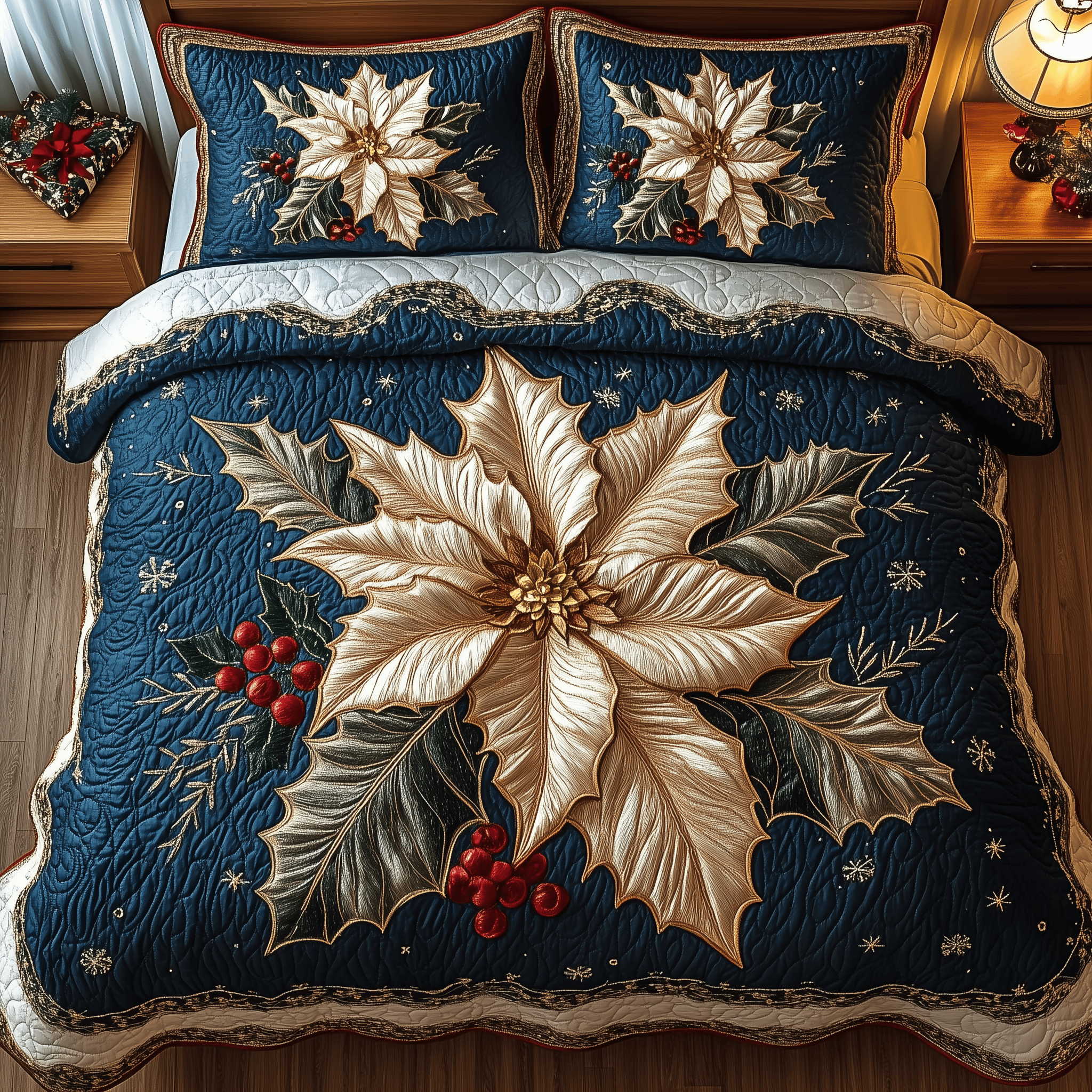 Elegant Poinsettias Quilted Bedding Set Good Family Christmas Present