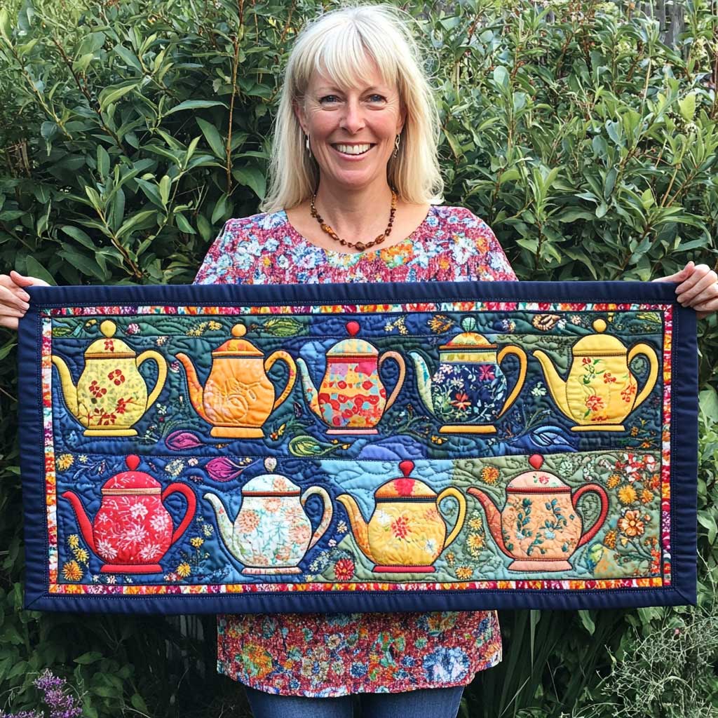 Elegant Teapot Quilted Table Runner Home Decorations Themed Gifts For Tea Drinkers