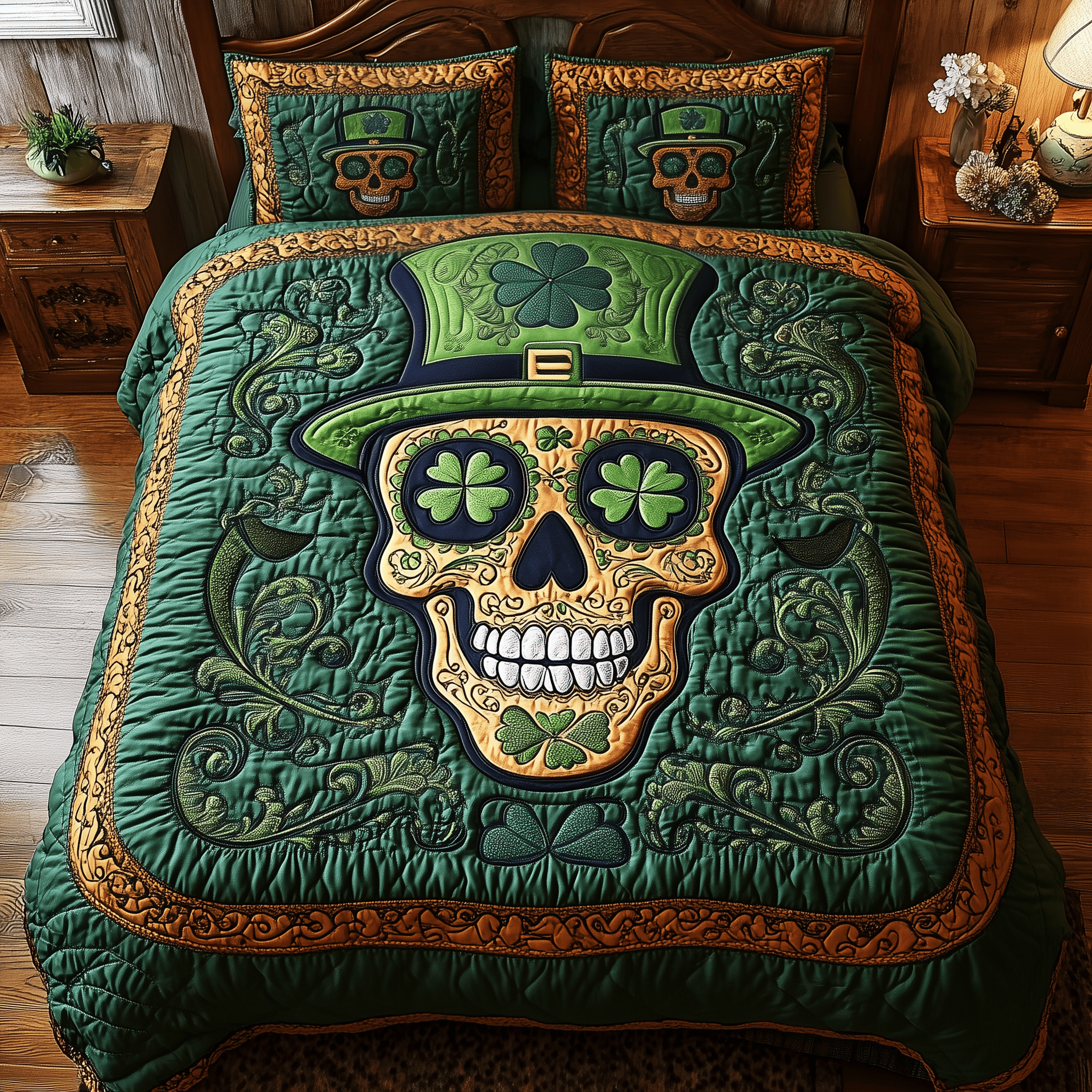 Emerald Skull Grin Quilted Bedding Set Valentine's Day Duvet Cover Skull Gifts For Him