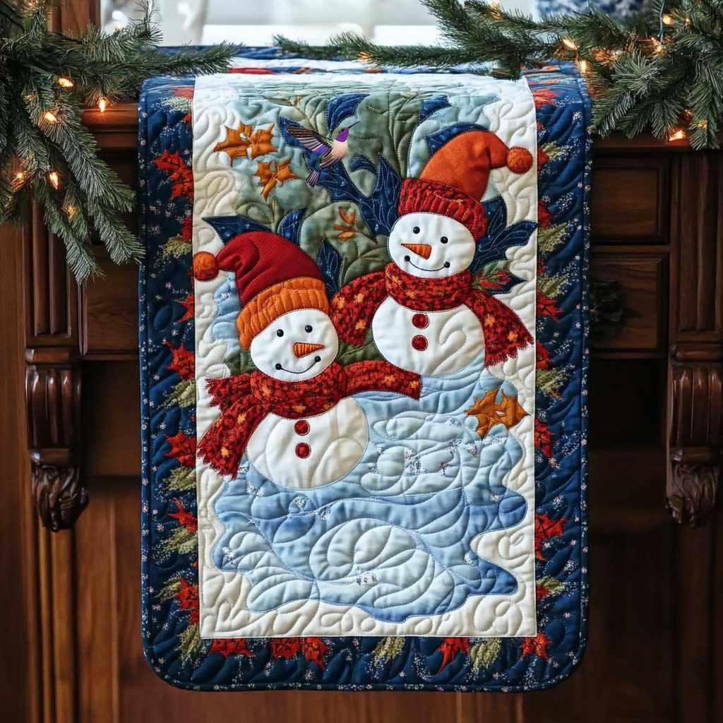 Enchanted Snowman Forest Quilted Table Runner Holiday Christmas Table Runner Kitchen Indoor Decorations