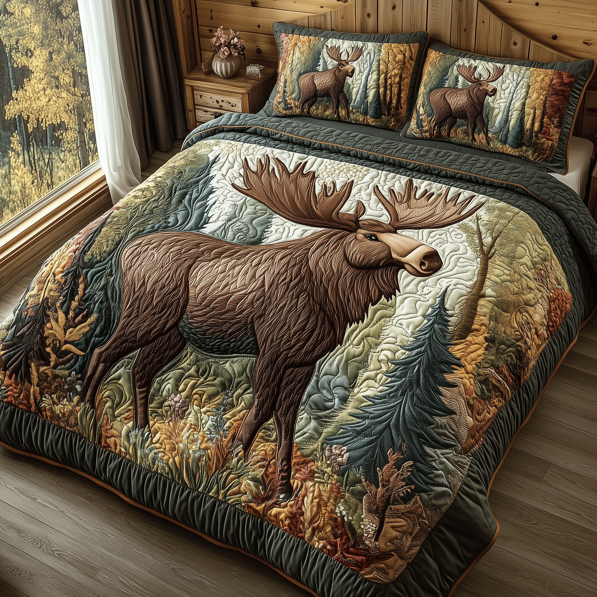 Enchanted Woodland Moose Quilted Bedding Set Unique Duvet Cover Bedspread Set Fathers Day Gifts For Husband