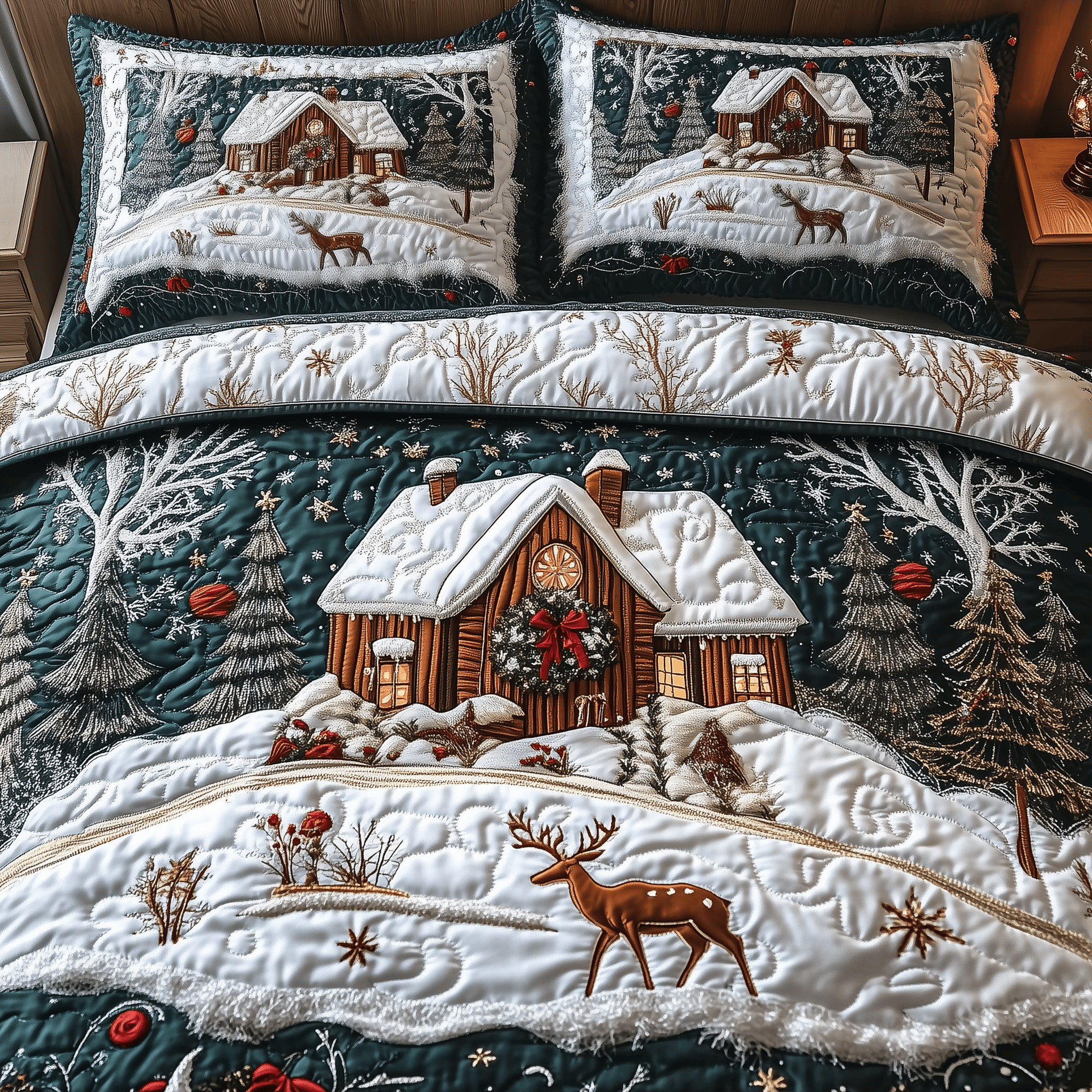 Enchanting Snow Cabin Quilted Bedding Set  Stay warm this winter Christmas Presents For Wife