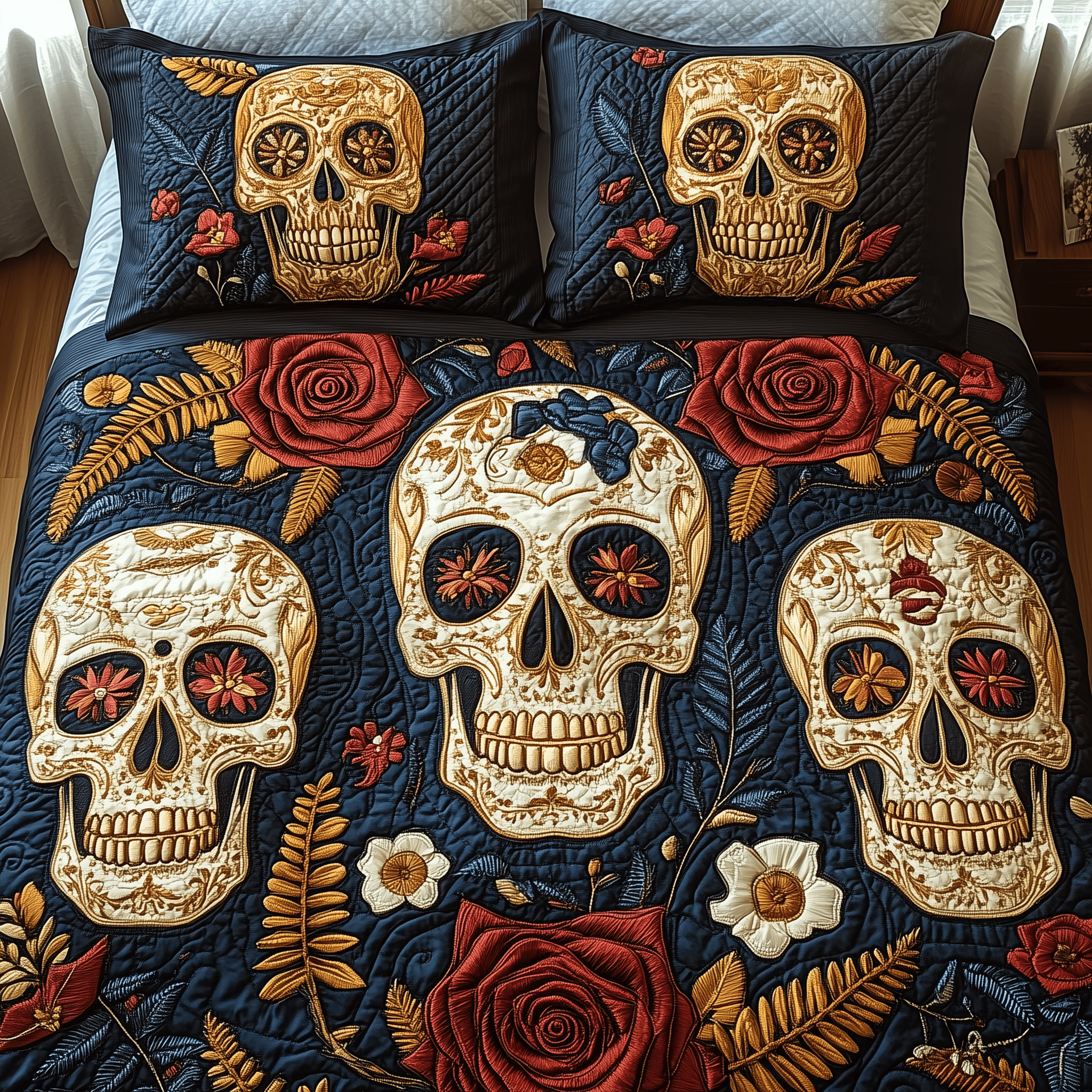 Eternal Skull Blossom Quilted Bedding Set Best Father's Day Duvet Cover Set Cute Skull Gifts