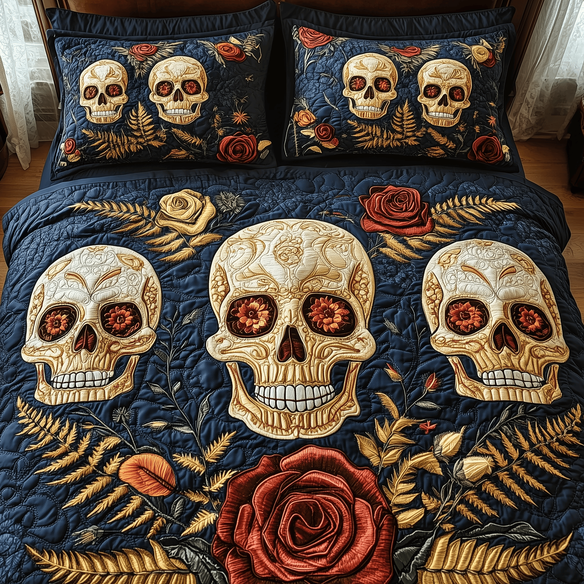 Eternal Skull Blossom Quilted Bedding Set Best Father's Day Duvet Cover Set Gifts For People Who Like Skulls