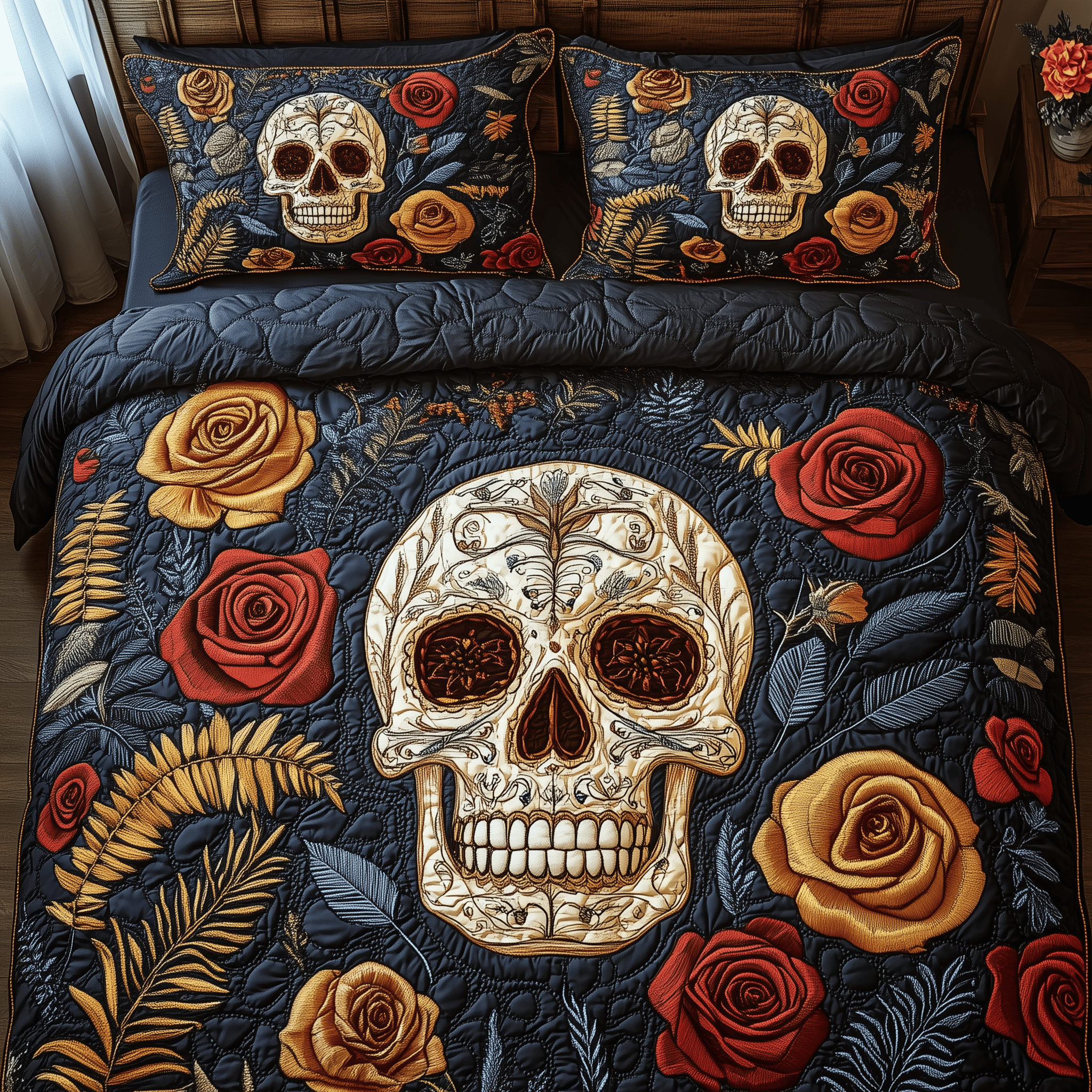 Eternal Skull Blossom Quilted Bedding Set Best Father's Day Duvet Cover Set Skull Birthday Gifts