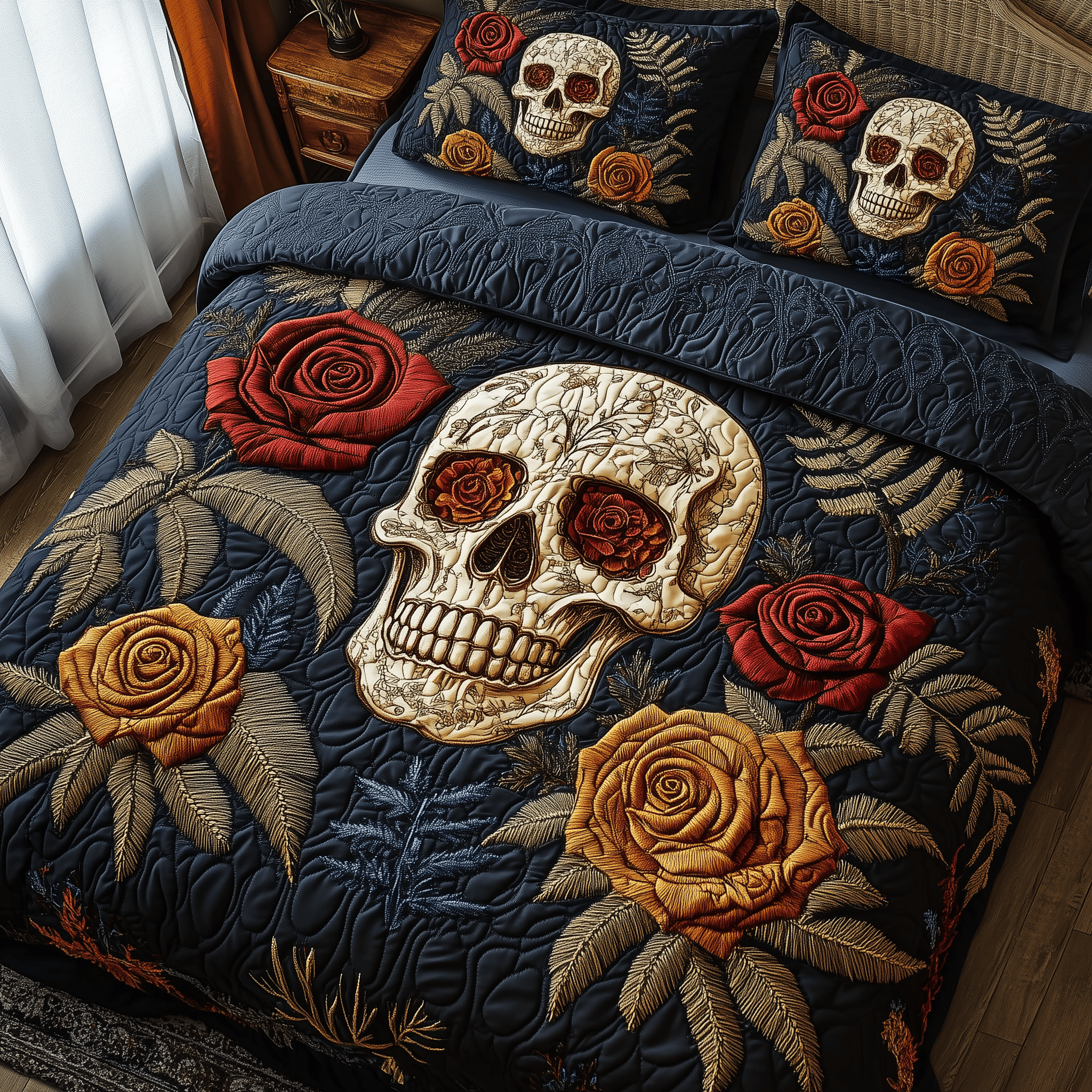 Eternal Skull Blossom Quilted Bedding Set Best Father's Day Duvet Cover Set Skull Inspired Gifts