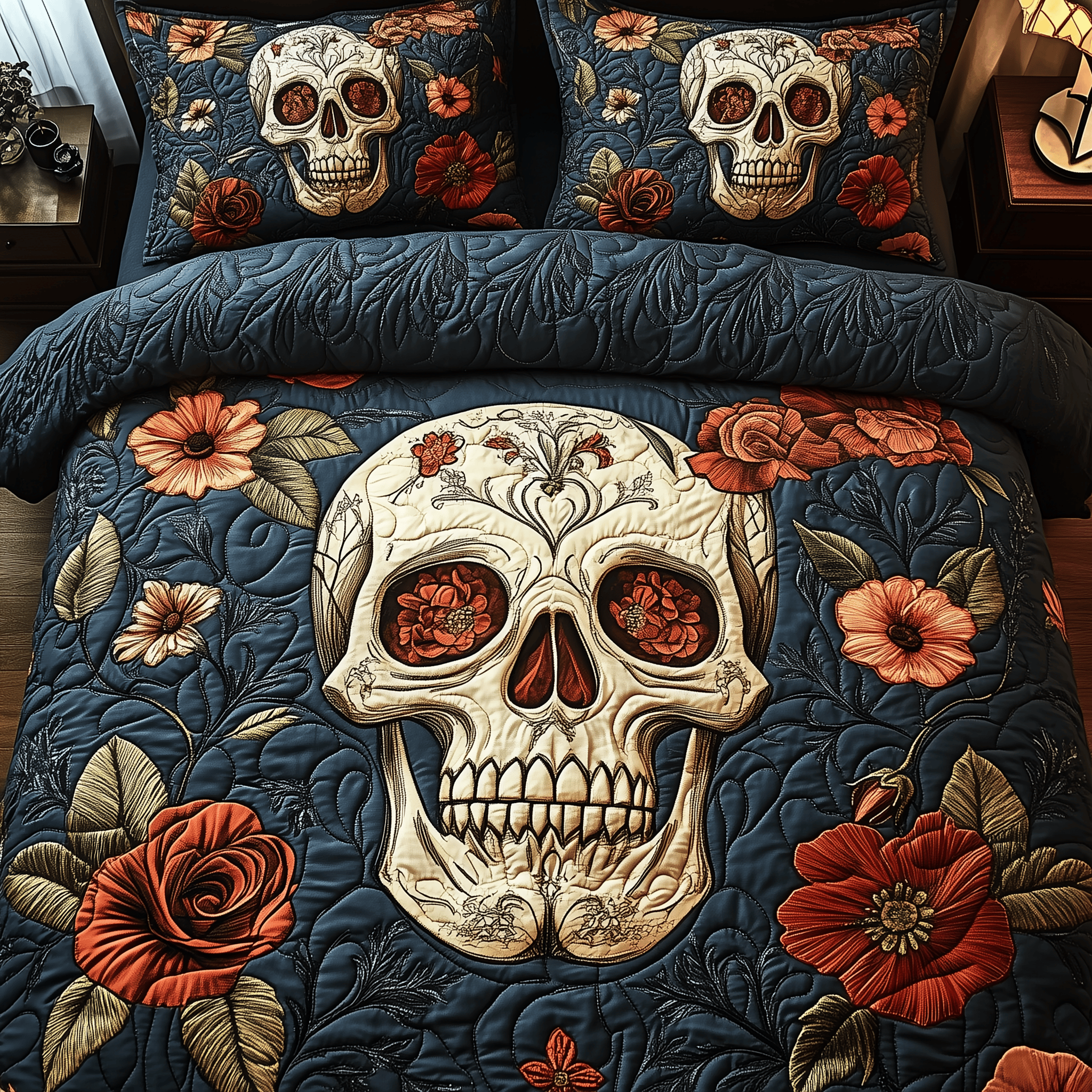 Eternal Skull Blossom Quilted Bedding Set Best Father's Day Duvet Cover Set Skull Related Gifts
