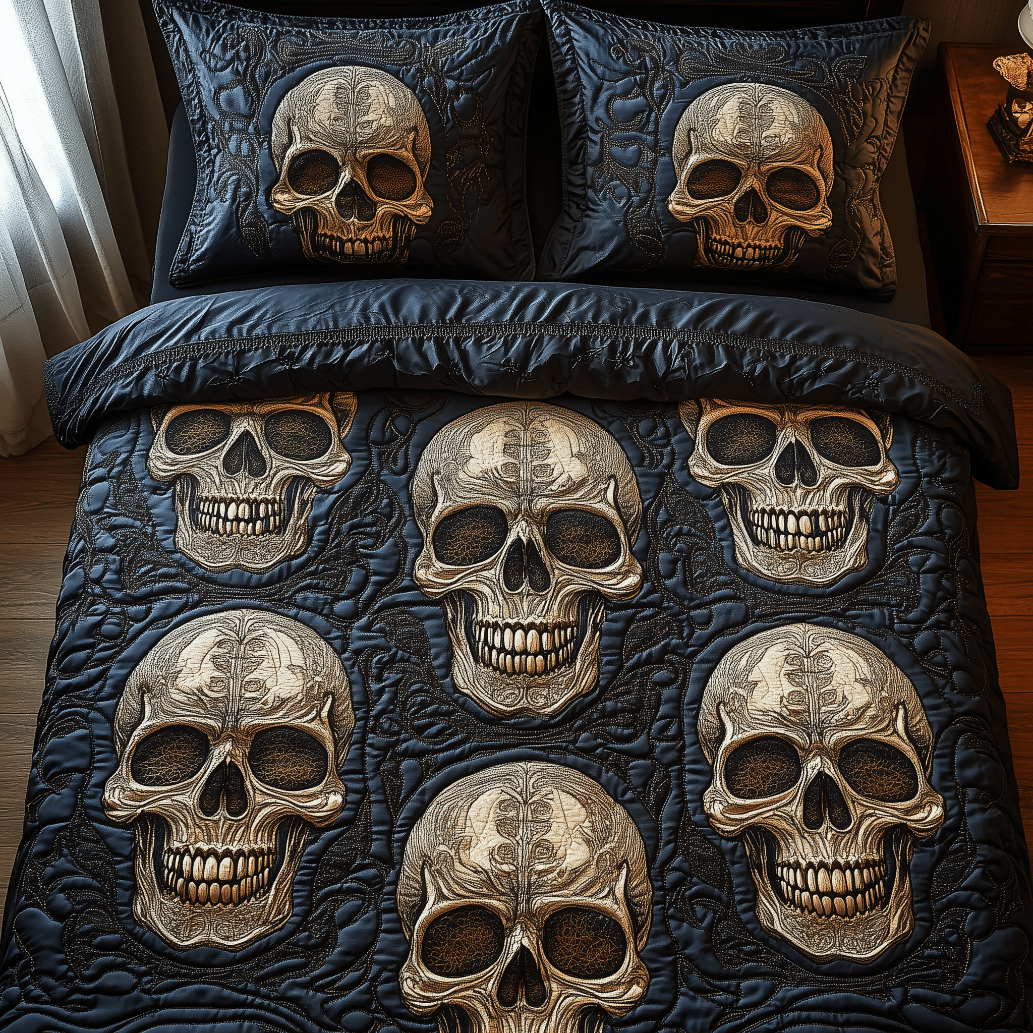 Eternal Skull Blossom Quilted Bedding Set Best Father's Day Duvet Cover Set Unusual Skull Gifts