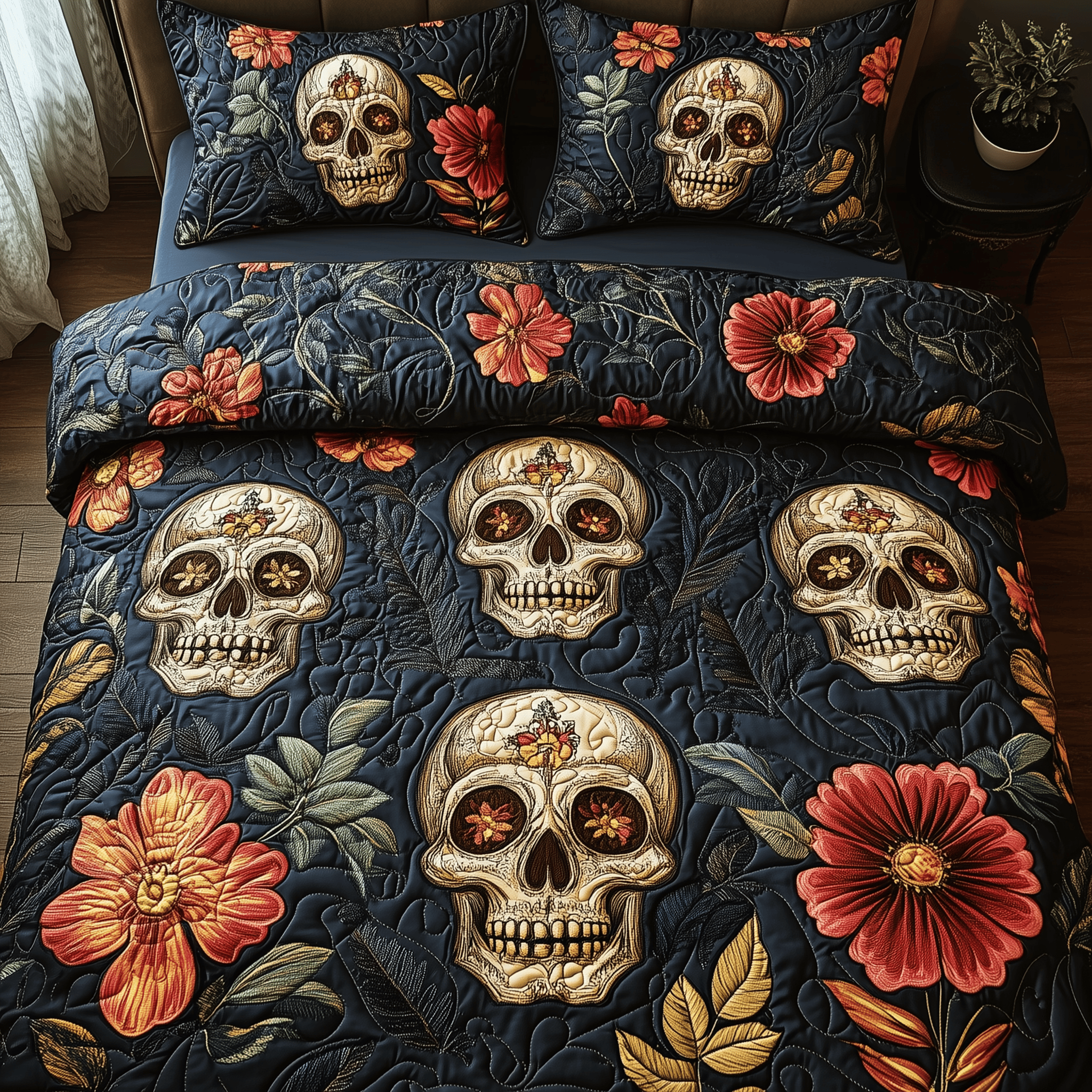 Eternal Skull Blossom Quilted Bedding Set Cool First Valentine Duvet Cover Set Cool Skull Gifts For Her