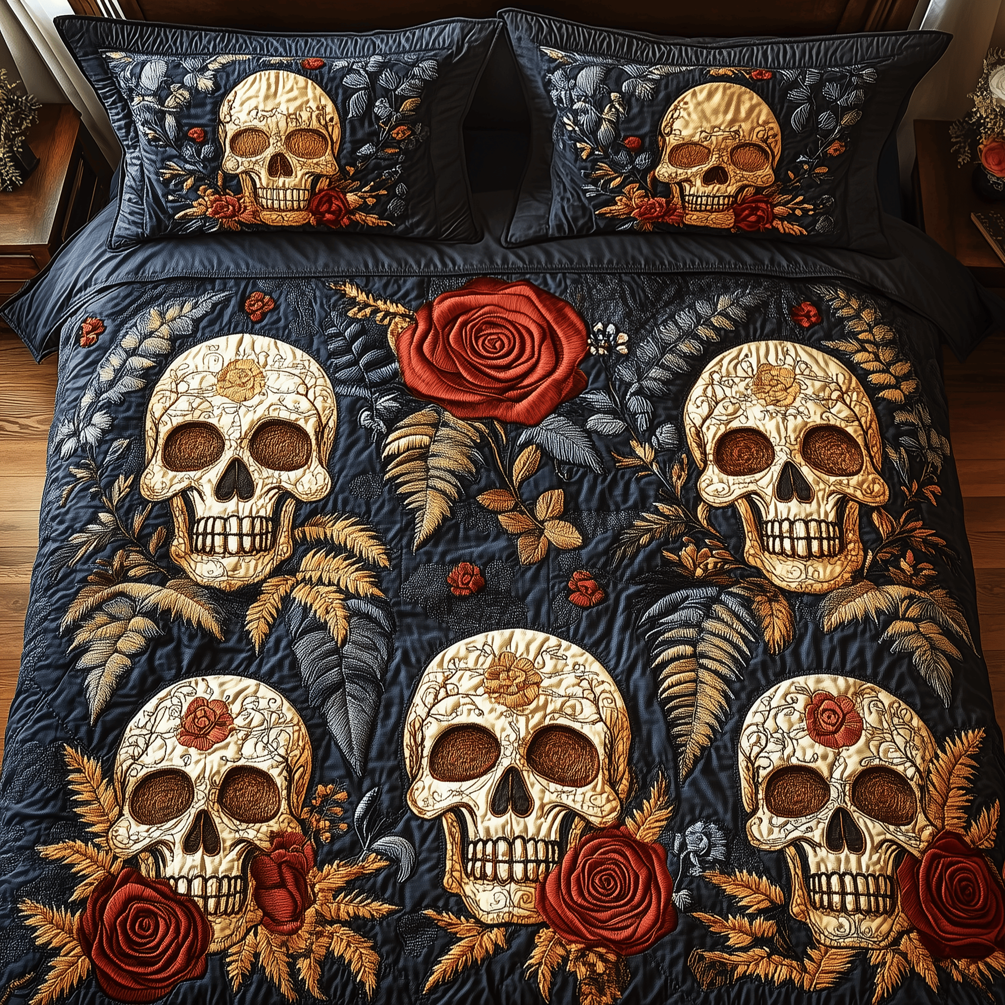 Eternal Skull Blossom Quilted Bedding Set Cool First Valentine Duvet Cover Set Gifts For Skull Lovers