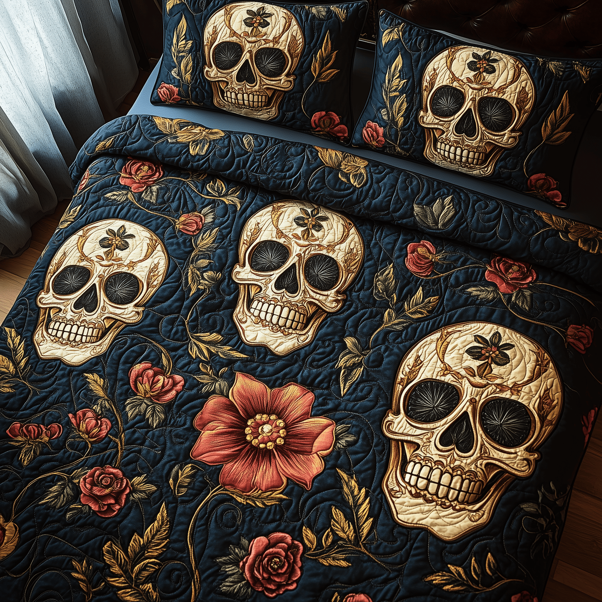 Eternal Skull Blossom Quilted Bedding Set Cool First Valentine Duvet Cover Set Gifts With Skulls On Them