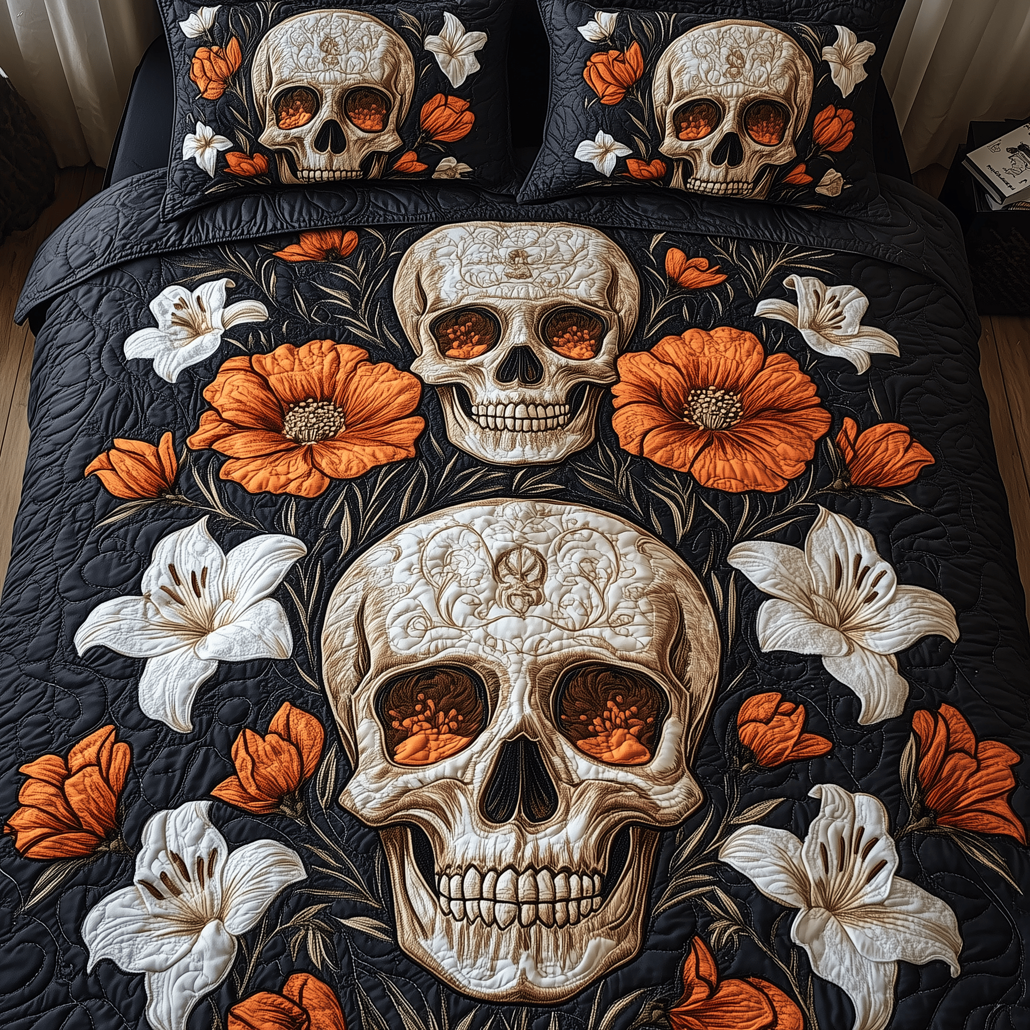 Eternal Skull Blossom Quilted Bedding Set Cool First Valentine Duvet Cover Set Skull Presents For Her