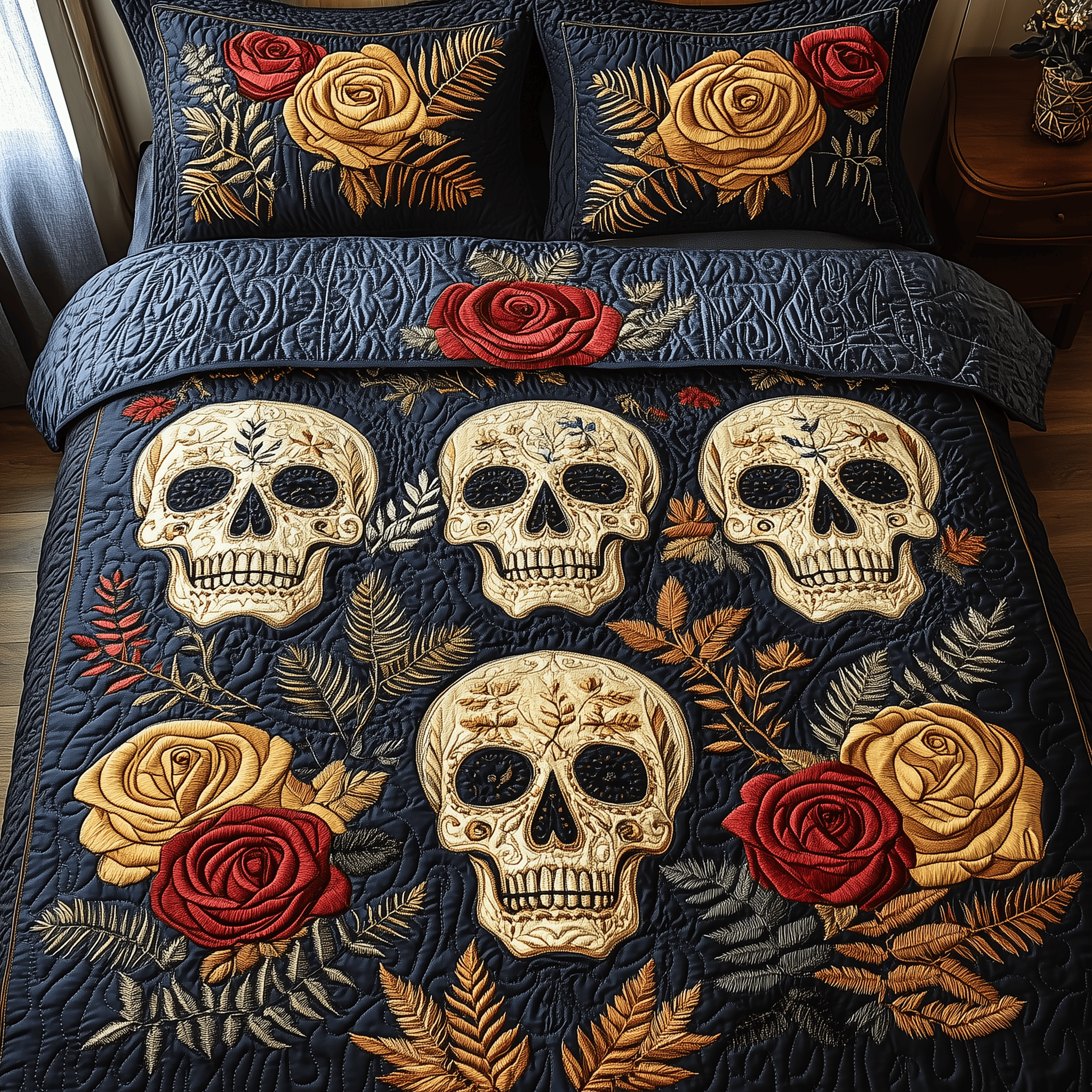 Eternal Skull Blossom Quilted Bedding Set Cool First Valentine Duvet Cover Set Skull Themed Gifts