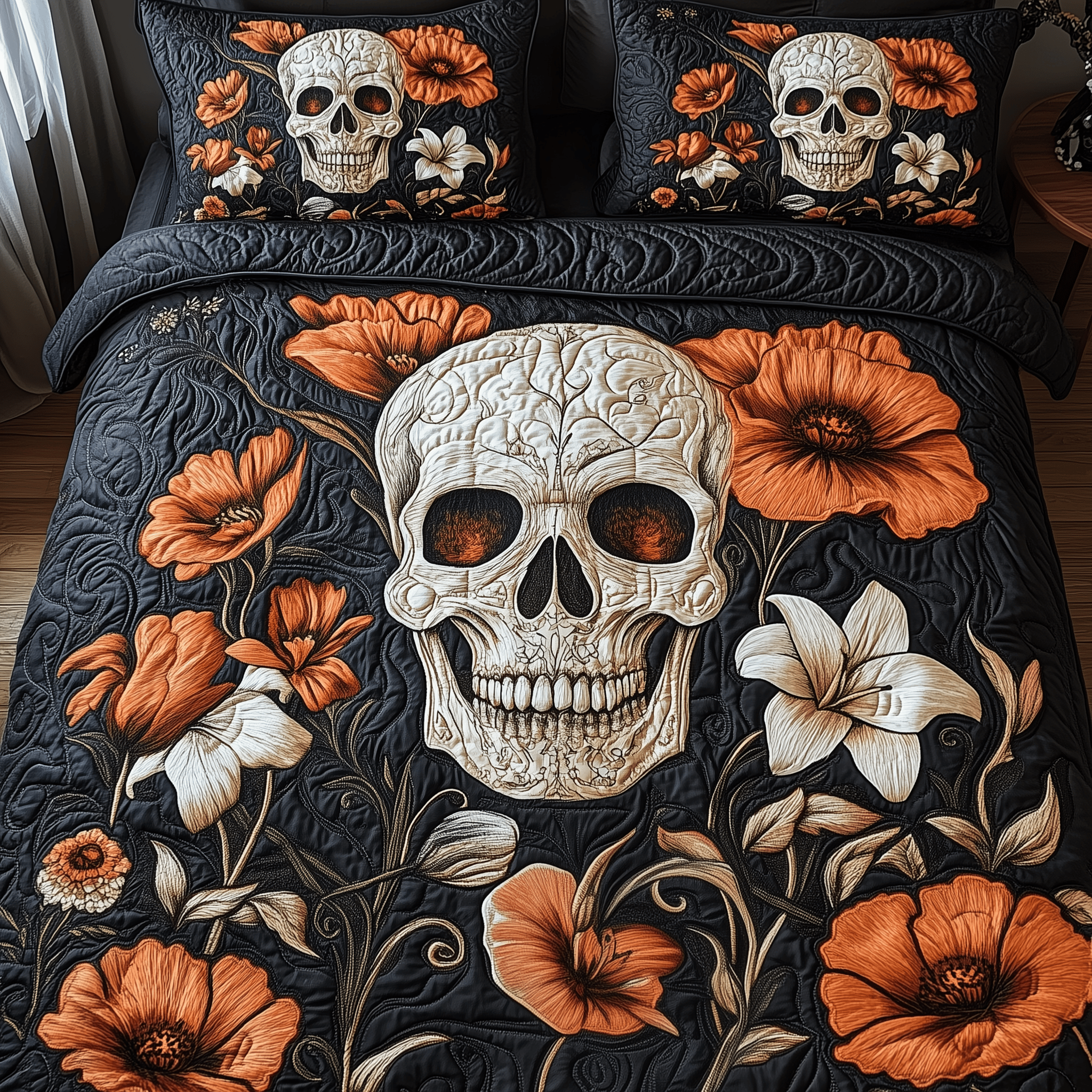 Eternal Skull Blossom Quilted Bedding Set Valentine's Day Duvet Cover Skull Birthday Gifts