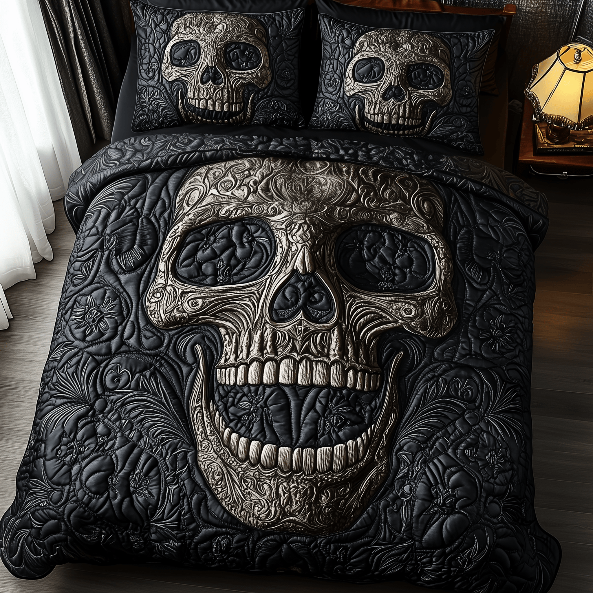 Eternal Skull Blossom Quilted Bedding Set Valentine's Day Duvet Cover Skull Inspired Gifts