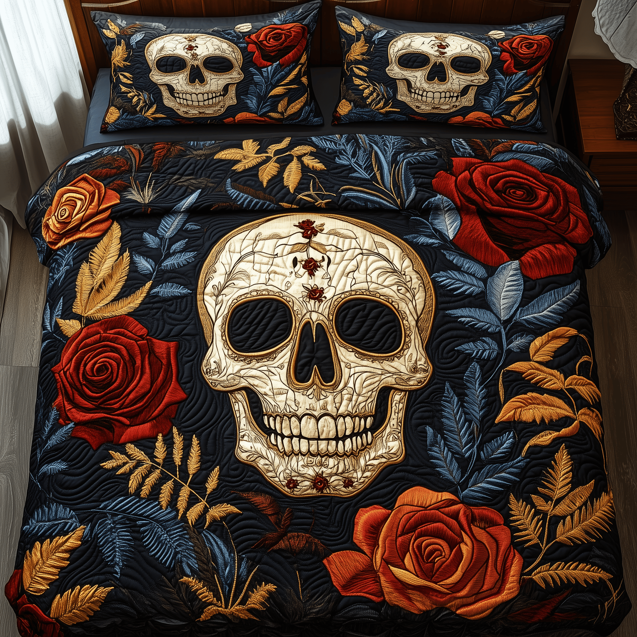 Eternal Skull Blossom Quilted Bedding Set Valentine's Day Duvet Cover Unusual Skull Gifts