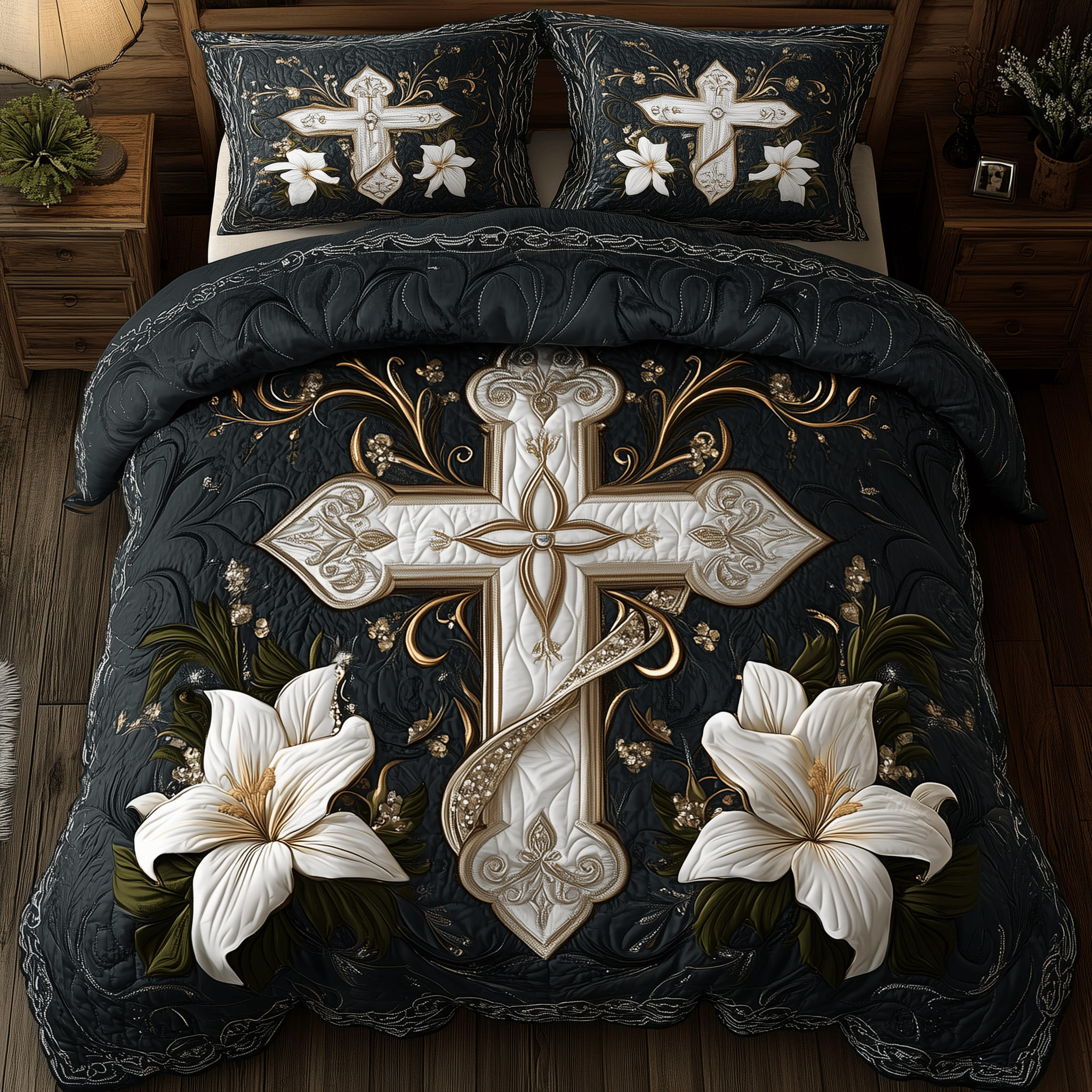 Eternal White Cross Quilted Bedding Set Duvet Cover Bedspread Set Father And Daughter Gifts