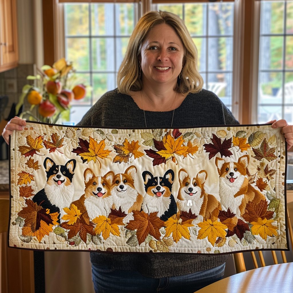 Fall Corgi Quilted Table Runner Dining Decor Themed Christmas Gfts For Corgie Lovers Onwers