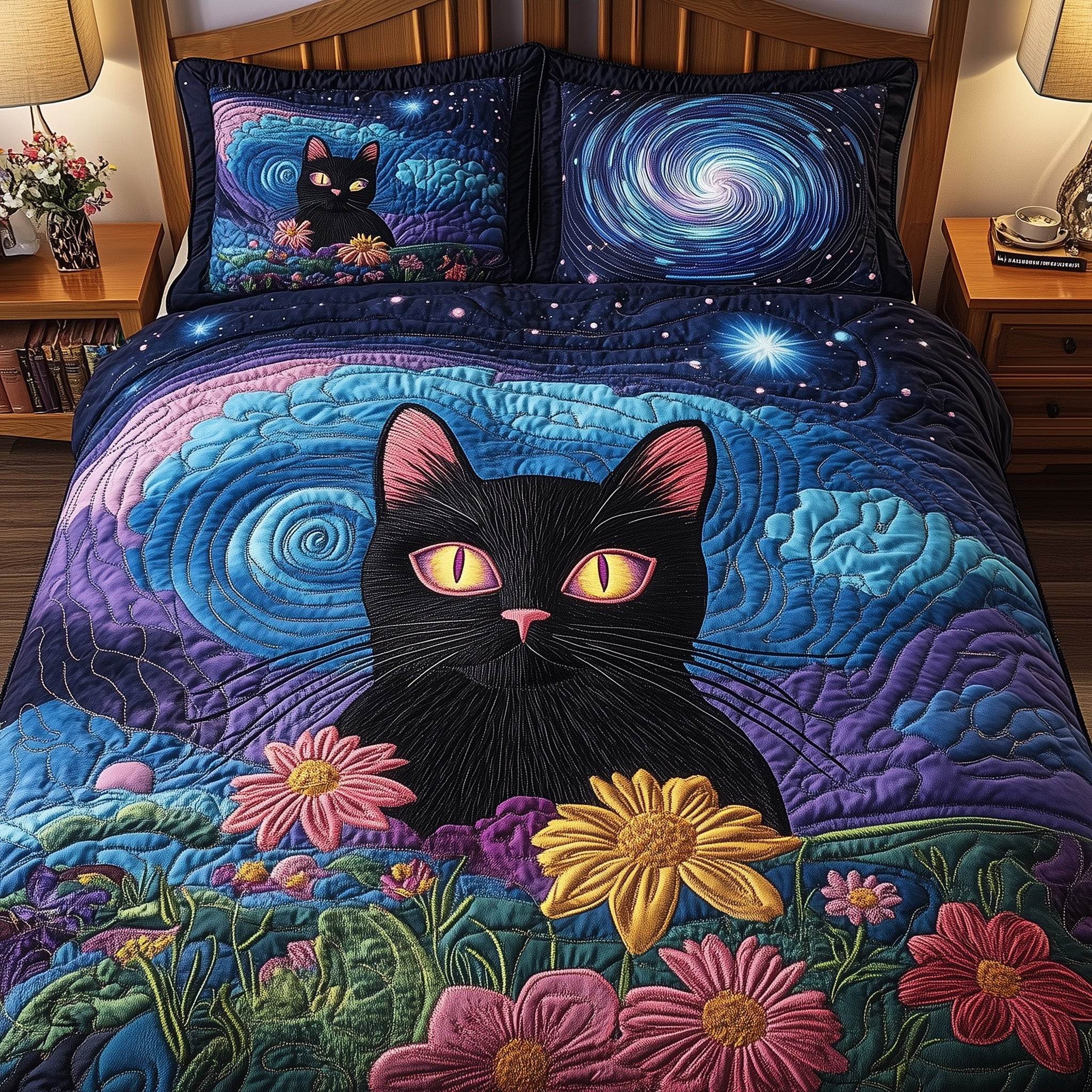 Feline Nebula Quilted Bedding Set Duvet Cover Bedspread Set Item Womens Cat Gifts